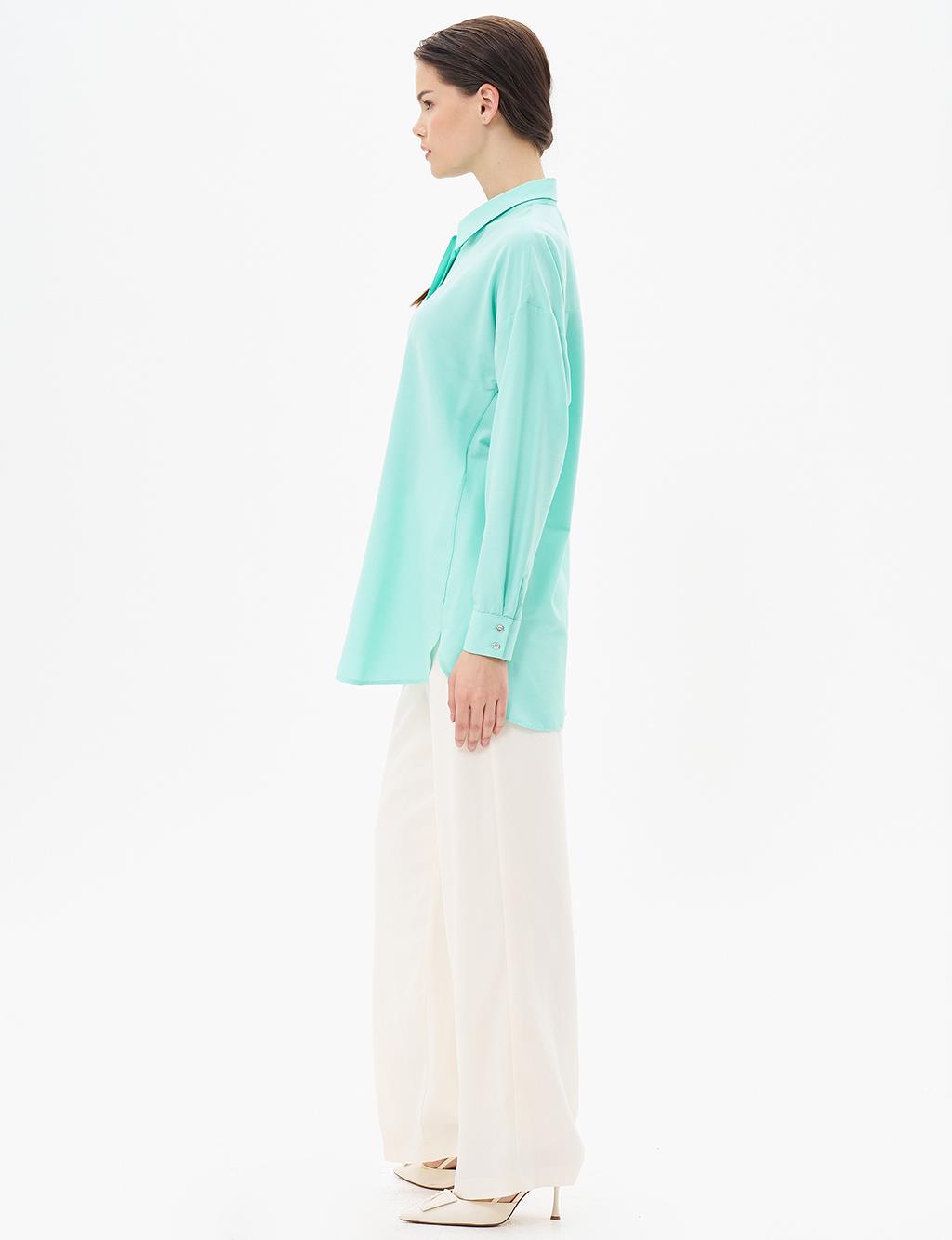 Hidden Placket Shirt Collar Tunic in Turquoise