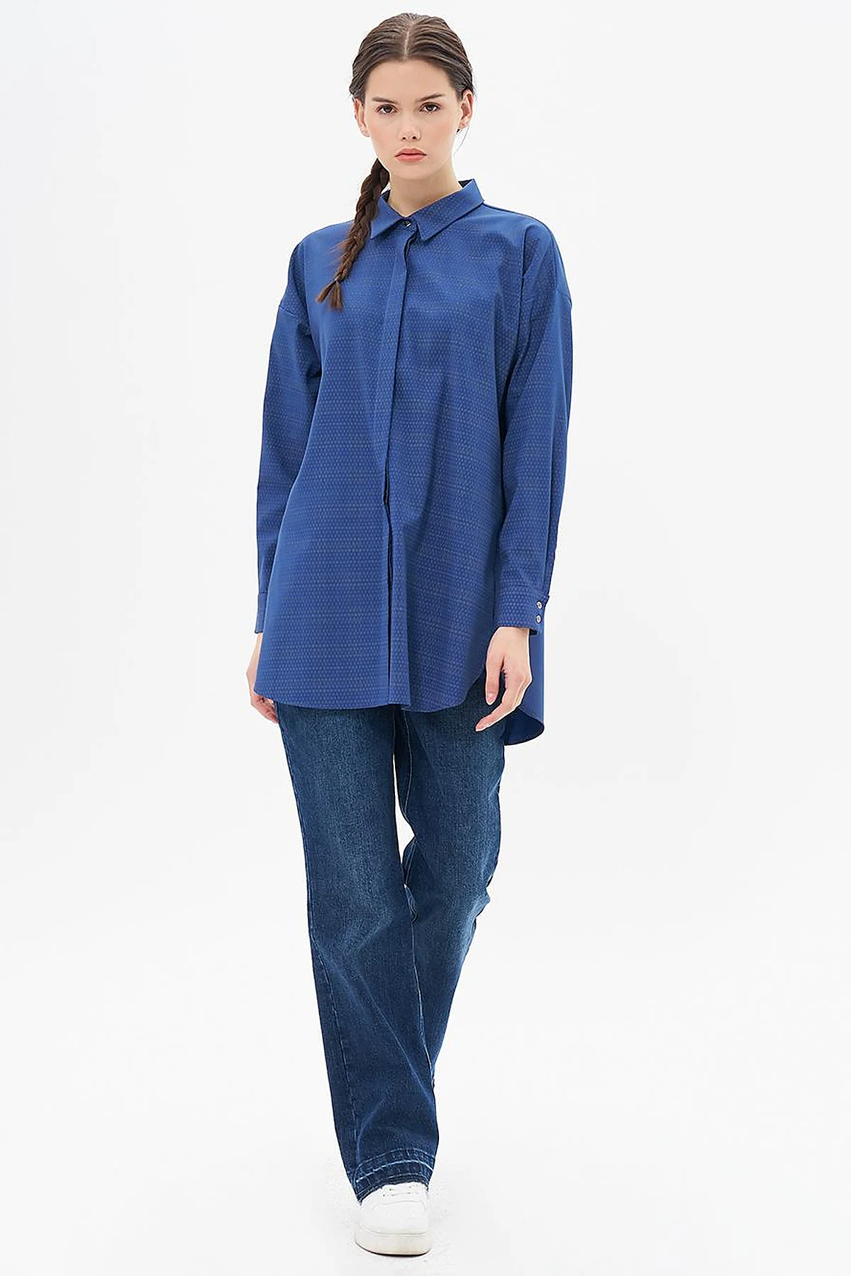 Hidden Placket Shirt Collar Tunic in Navy