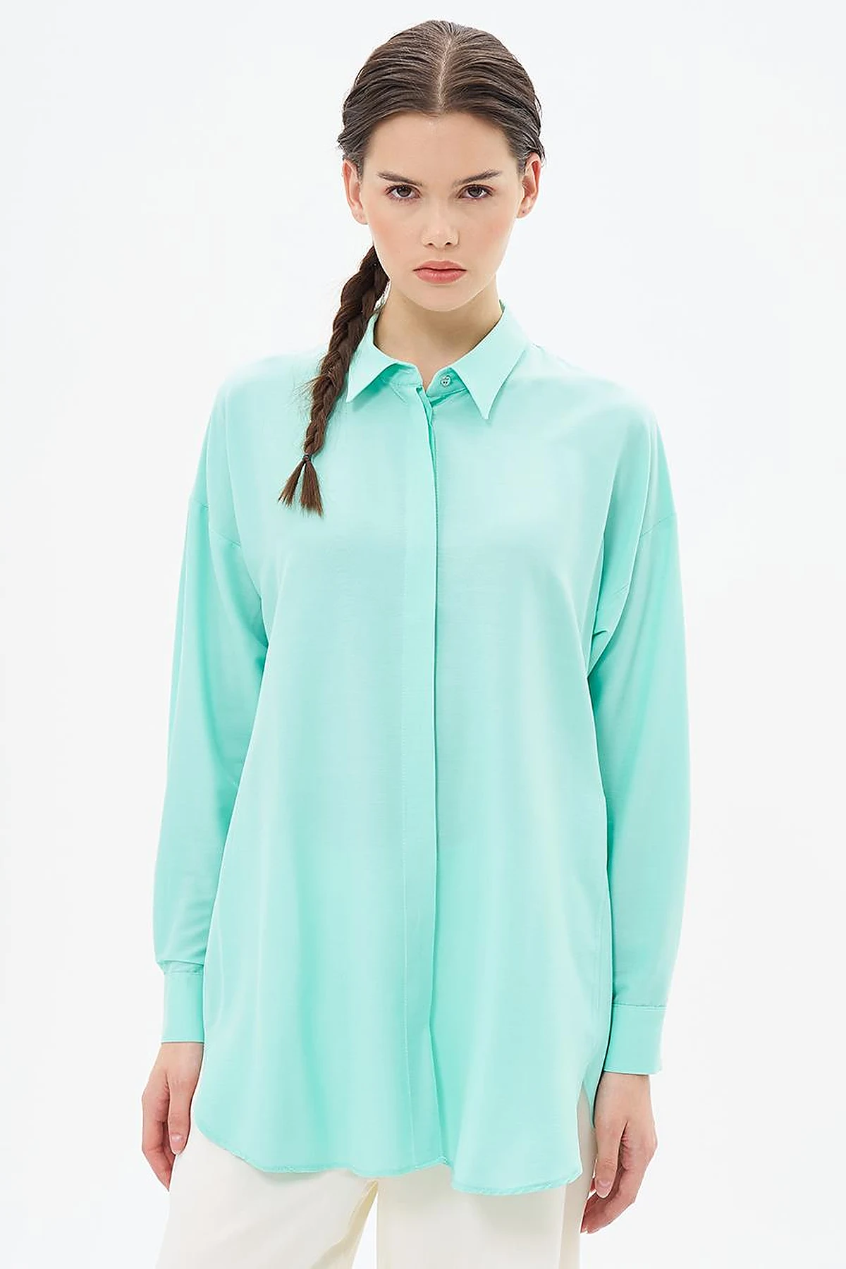 Hidden Placket Shirt Collar Tunic in Turquoise