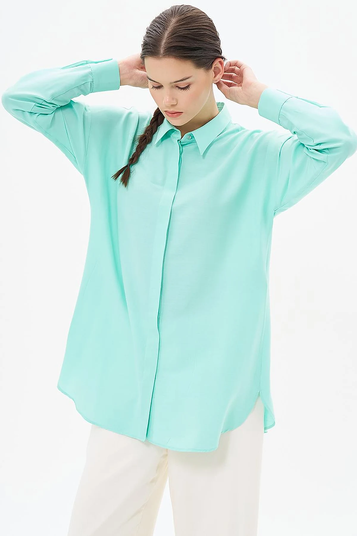 Hidden Placket Shirt Collar Tunic in Turquoise