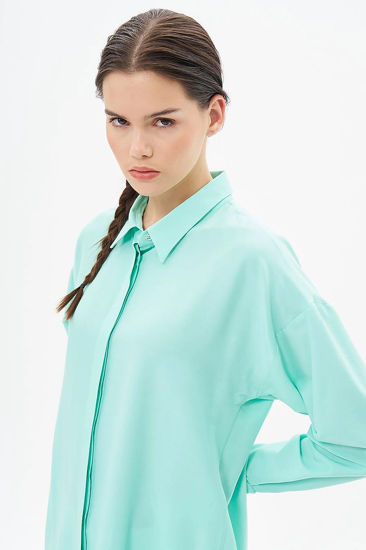 Hidden Placket Shirt Collar Tunic in Turquoise