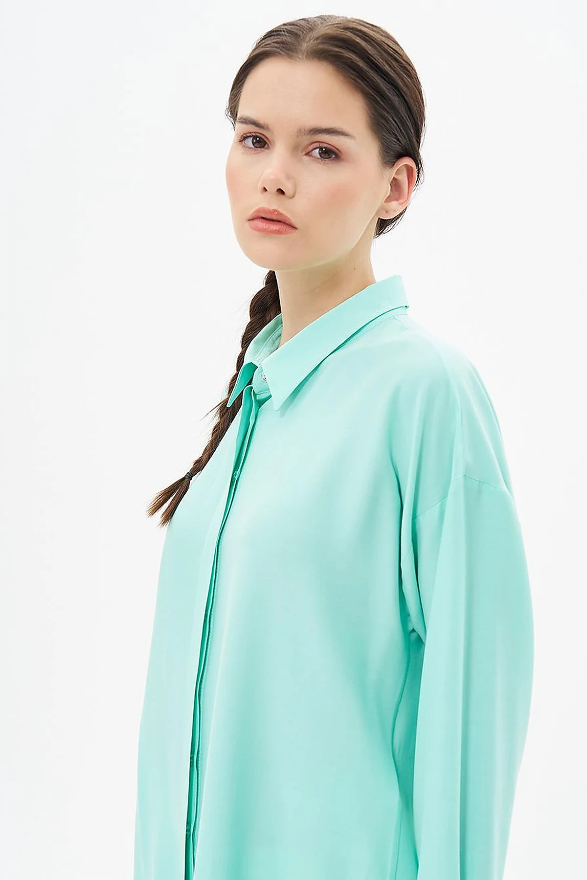 Hidden Placket Shirt Collar Tunic in Turquoise