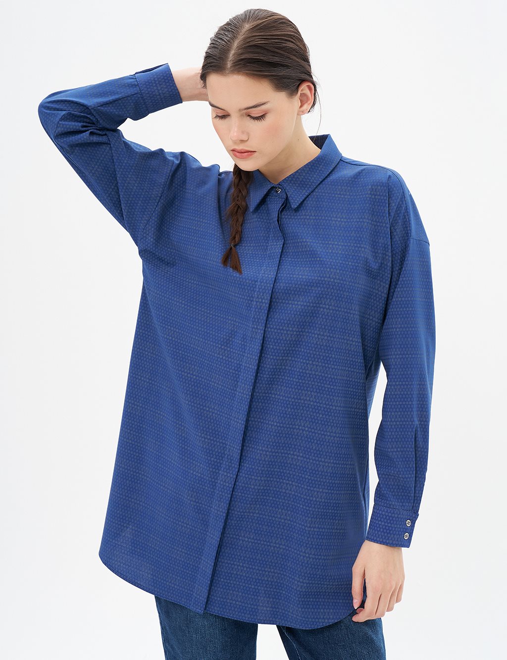 Hidden Placket Shirt Collar Tunic in Navy