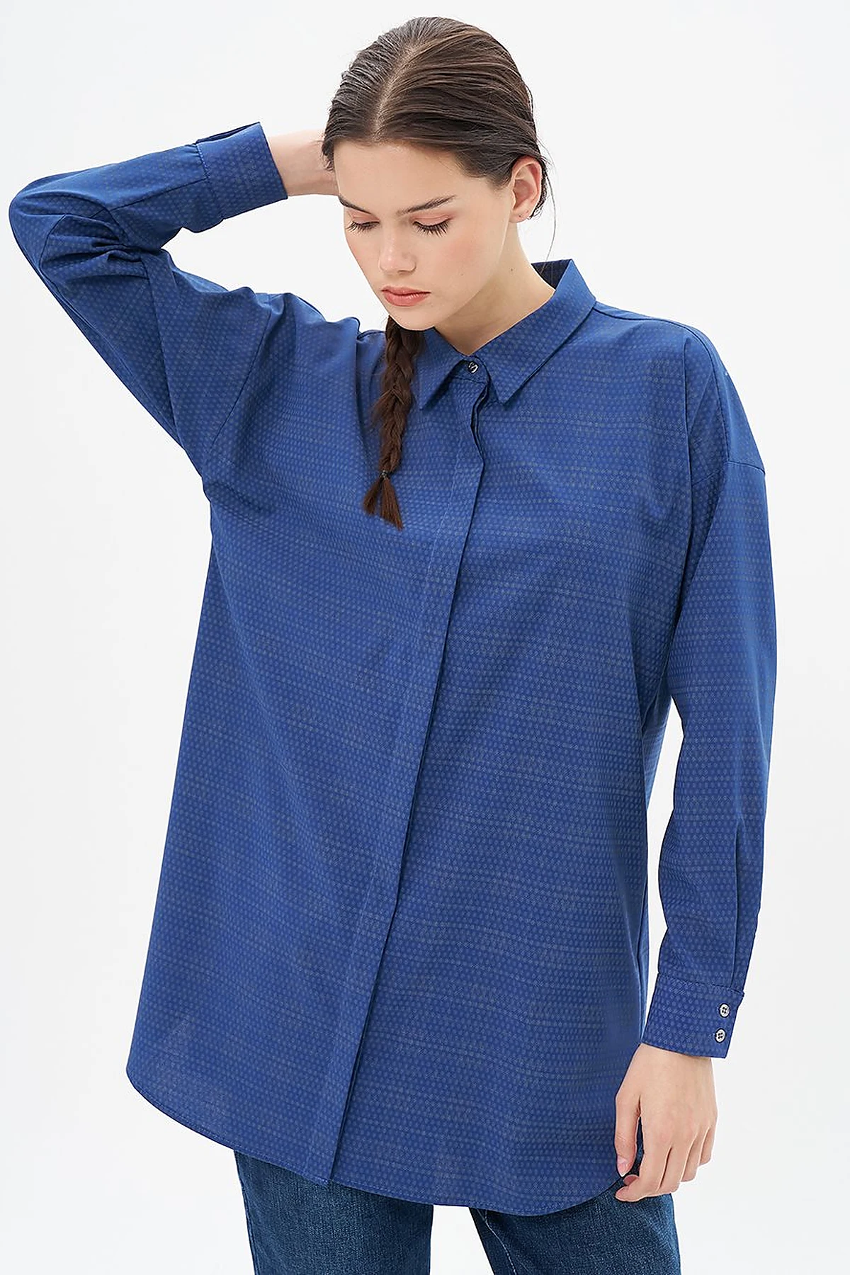 Hidden Placket Shirt Collar Tunic in Navy