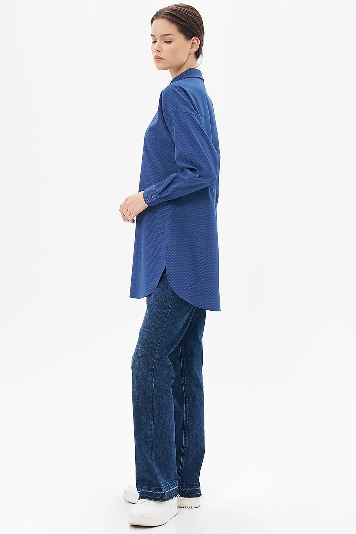 Hidden Placket Shirt Collar Tunic in Navy