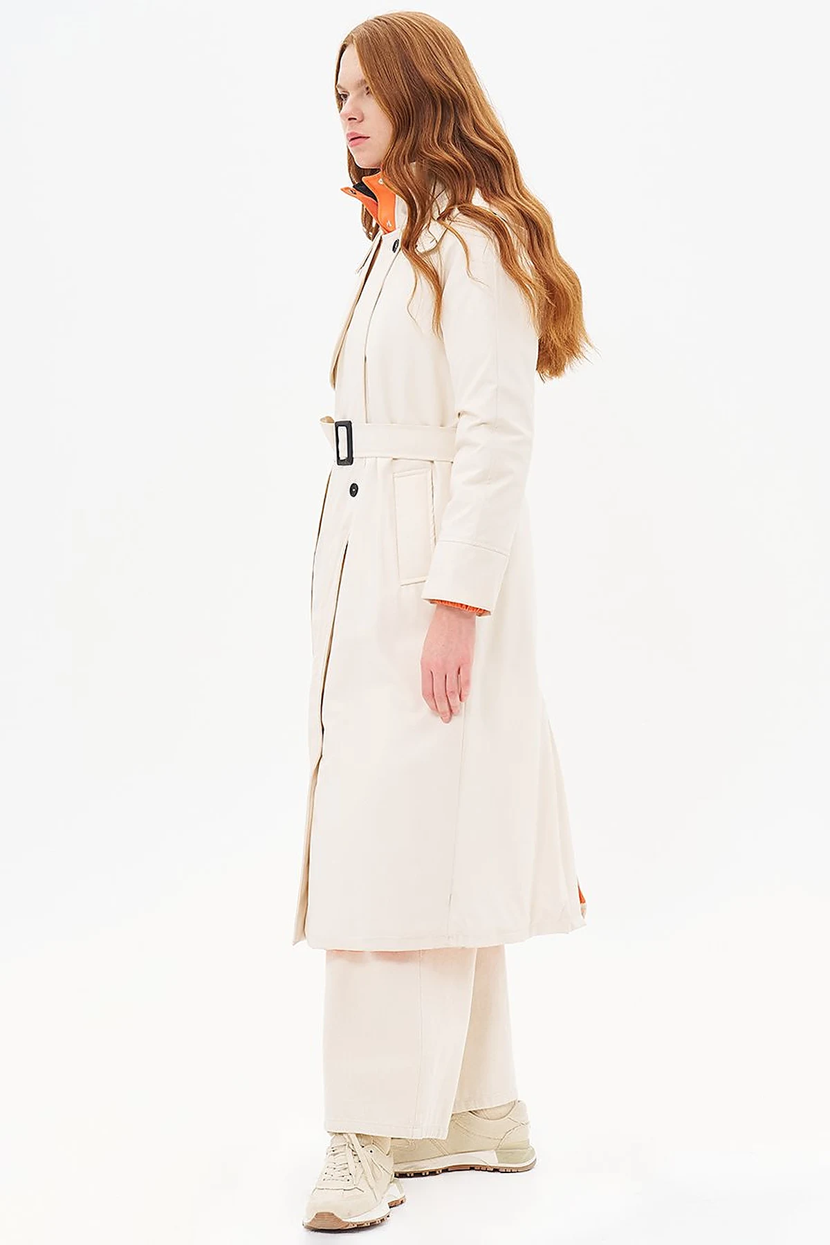 High-Neck Belted Coat  Cream