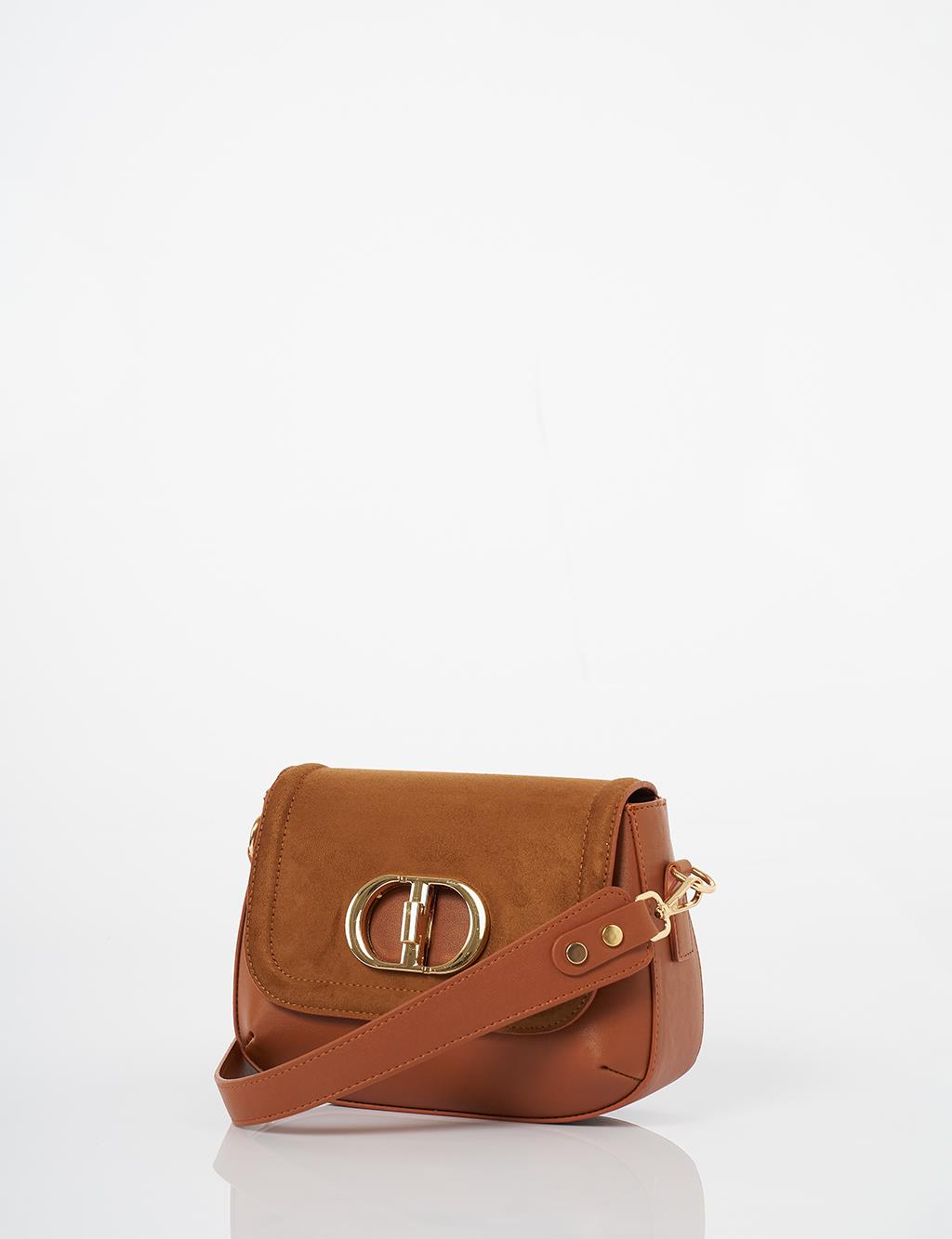 Metal Buckle Detailed Suede Bag Camel