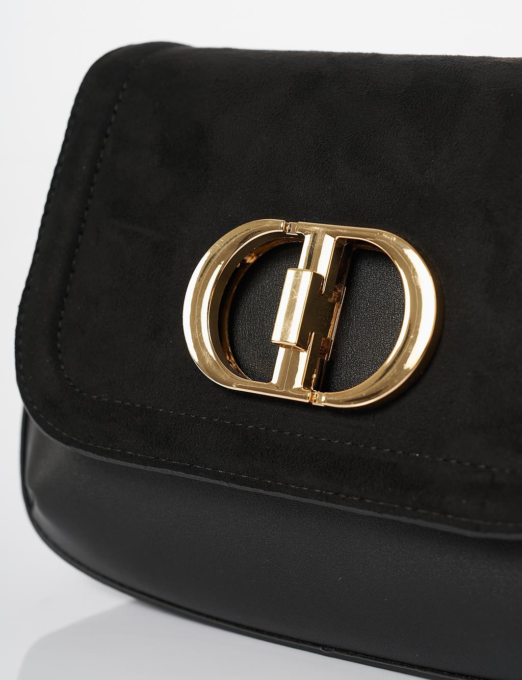 Metal Buckle Detailed Suede Bag Black