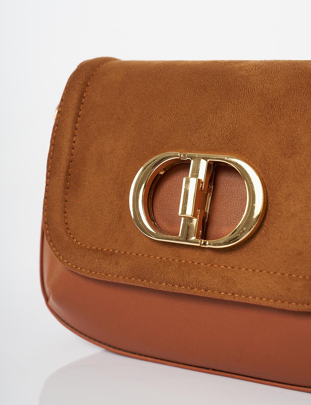 Metal Buckle Detailed Suede Bag Camel