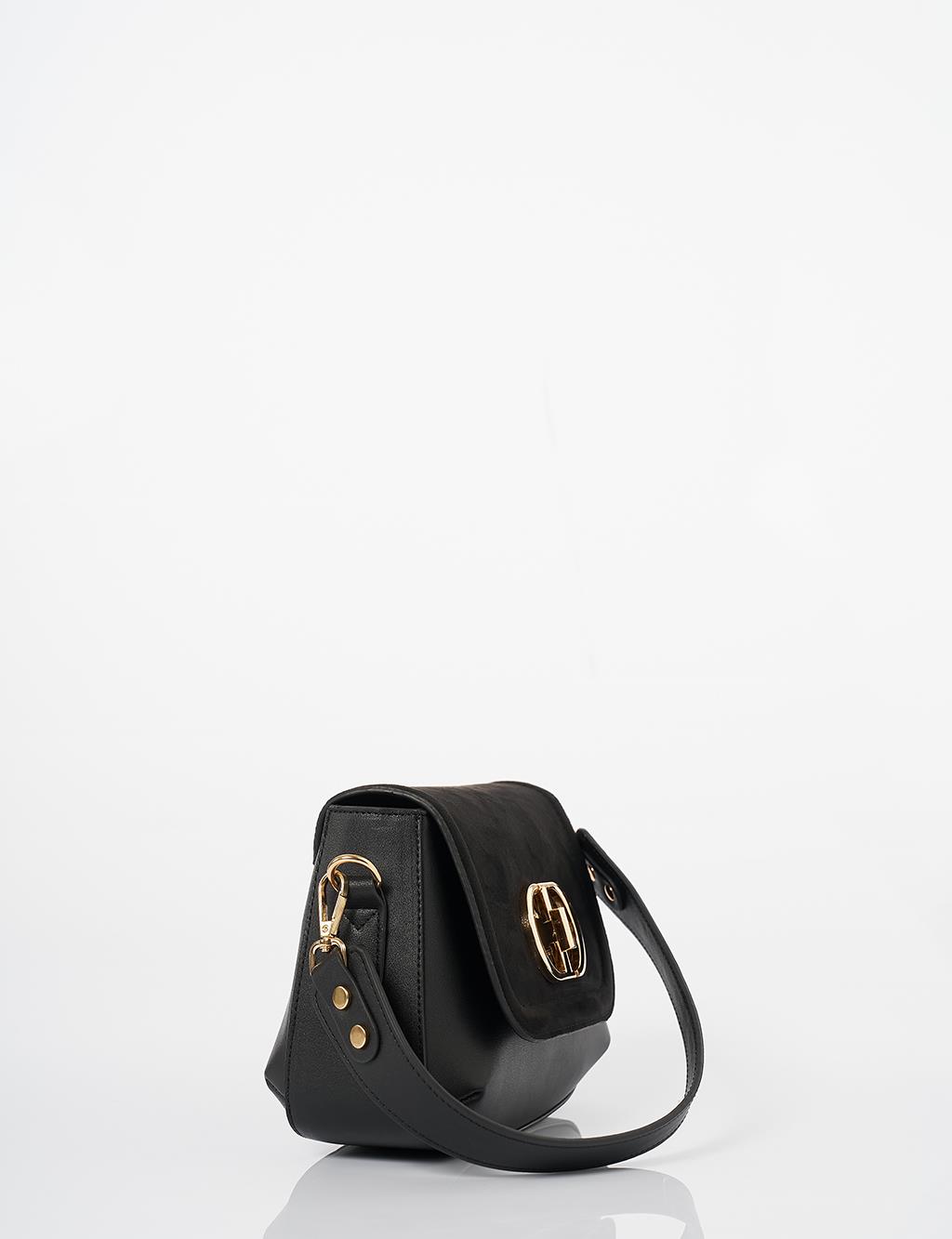 Metal Buckle Detailed Suede Bag Black