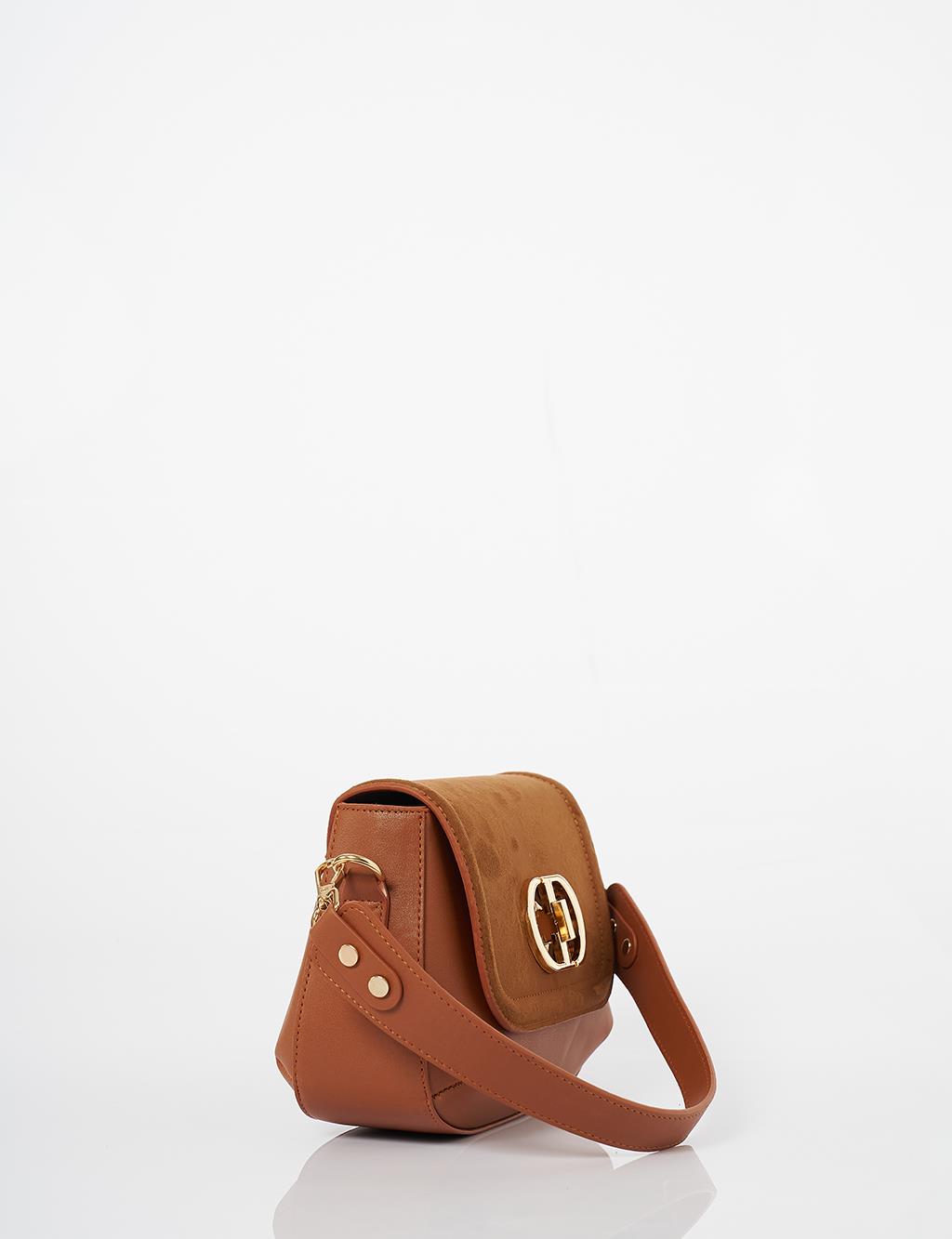 Metal Buckle Detailed Suede Bag Camel