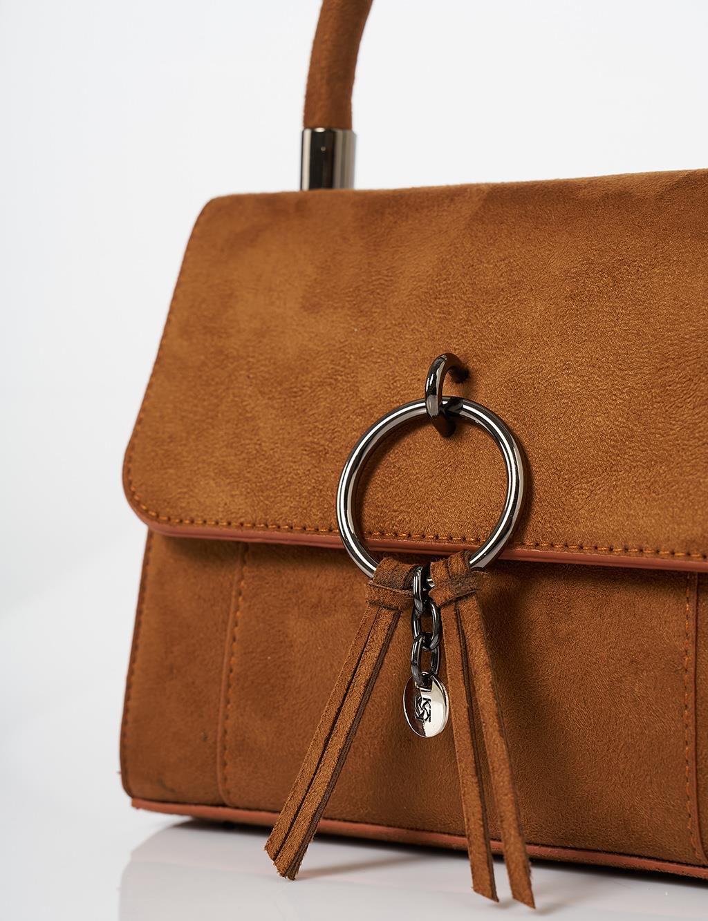  Flap Bag with Ring Metal Detail in Camel