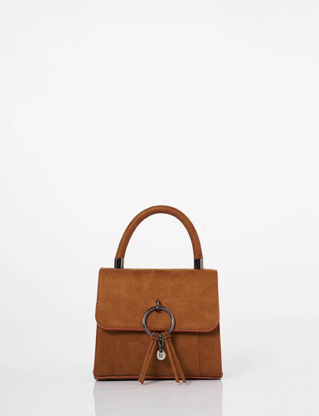  Flap Bag with Ring Metal Detail in Camel