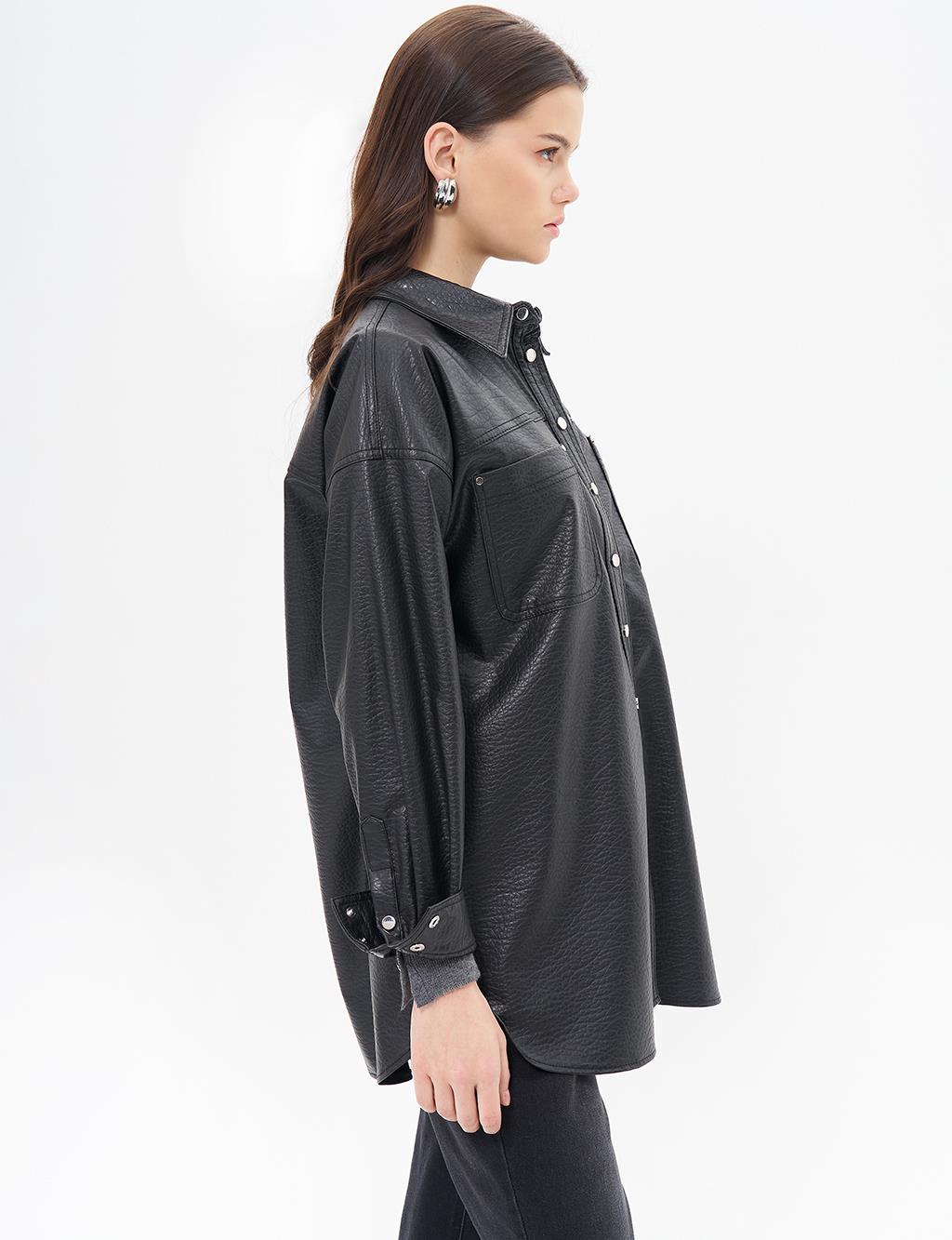 Snap Faux Leather Jacket Black