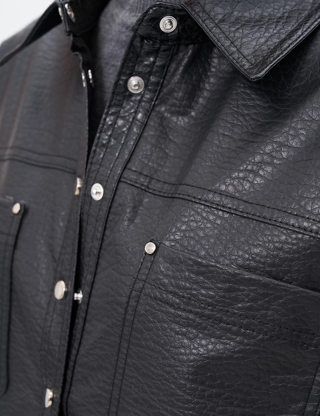 Snap Faux Leather Jacket Black