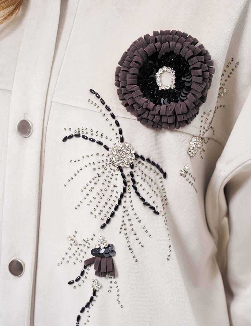 Embroidered Detailed Velvet Jacket Stone