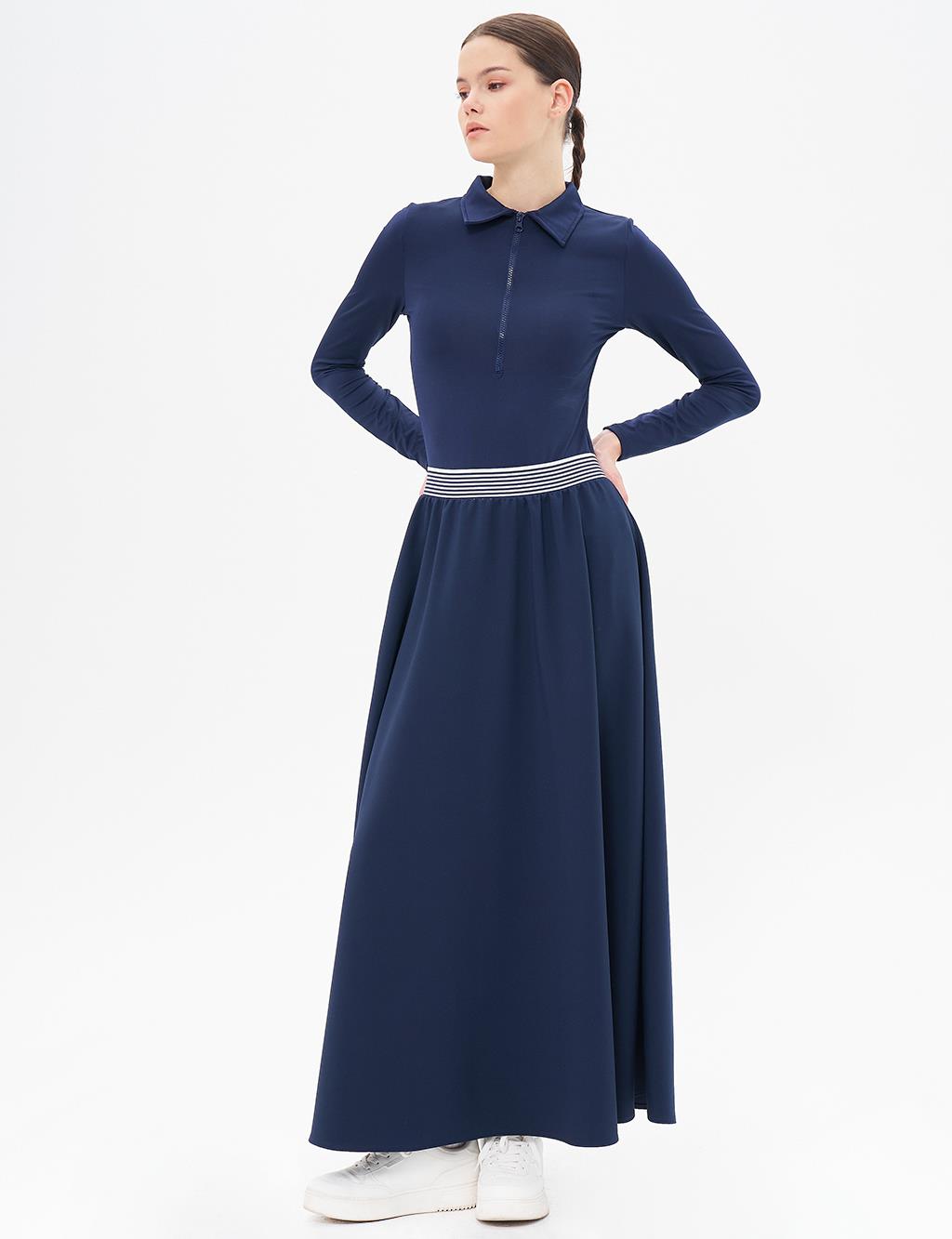 Flared Skirt with Elastic Waist Dark Navy Blue