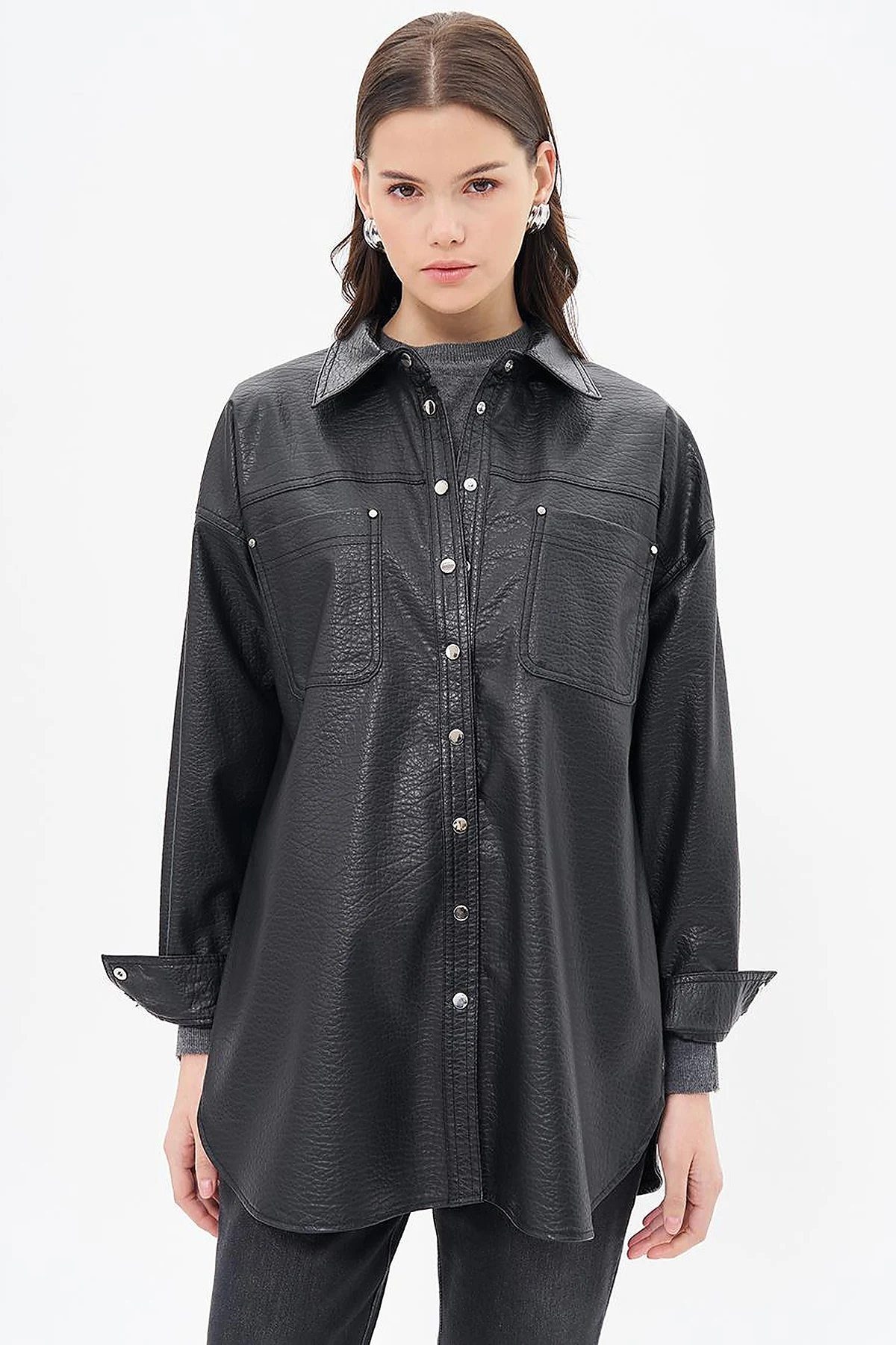 Snap Button Faux Leather Jacket Black
