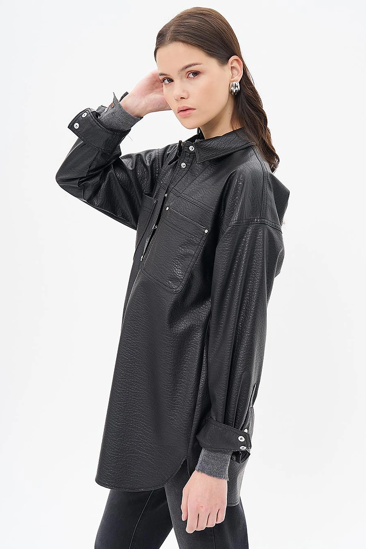 Snap Button Faux Leather Jacket Black
