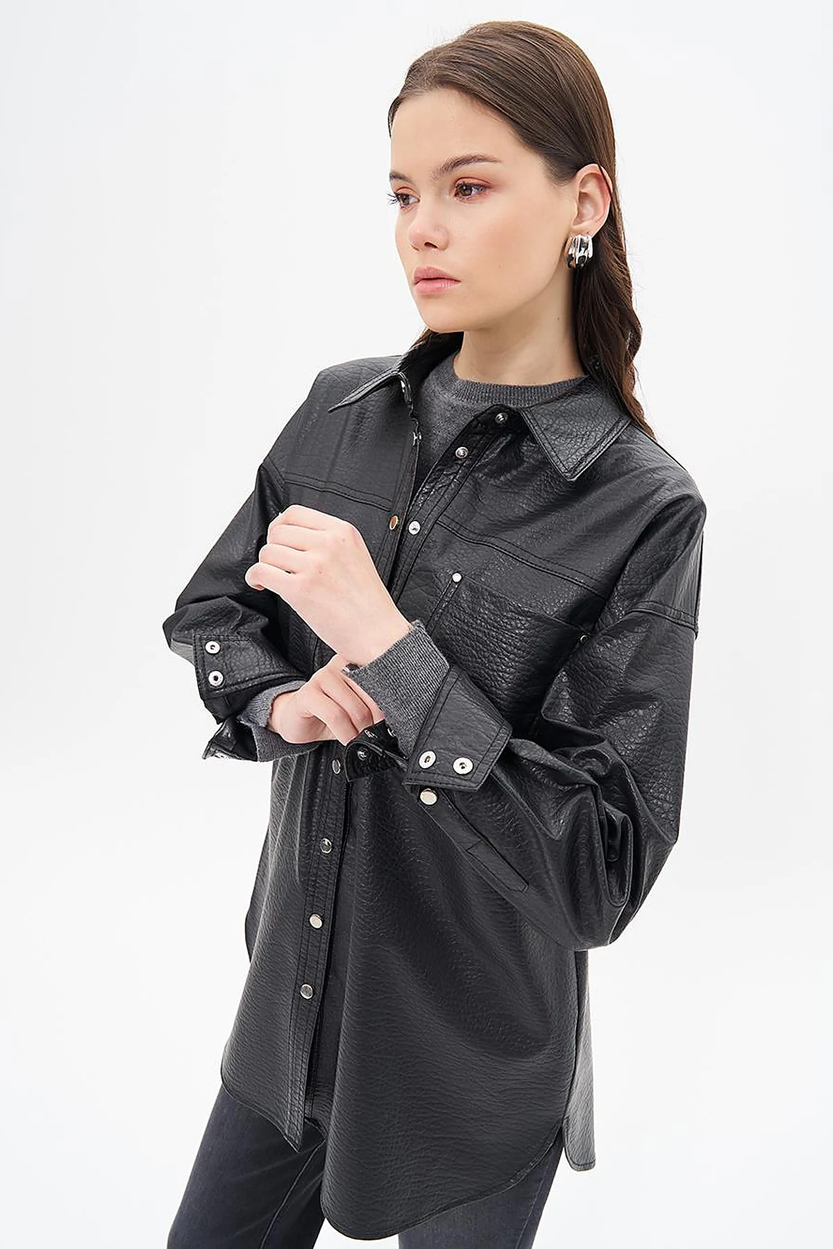 Snap Button Faux Leather Jacket Black