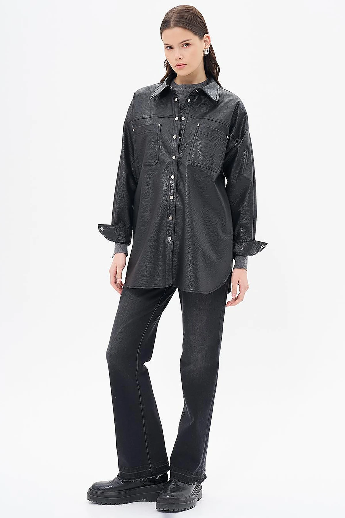 Snap Button Faux Leather Jacket Black