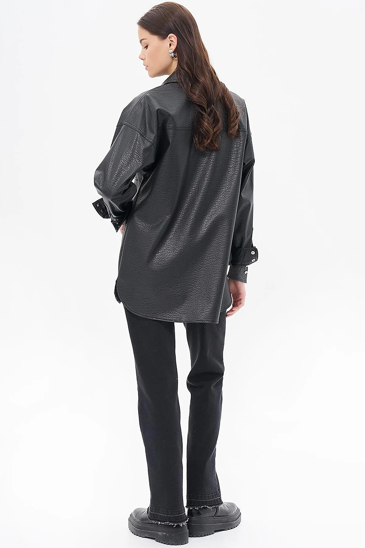 Snap Button Faux Leather Jacket Black