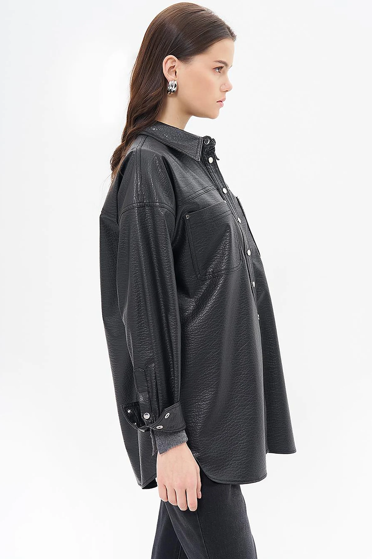 Snap Button Faux Leather Jacket Black