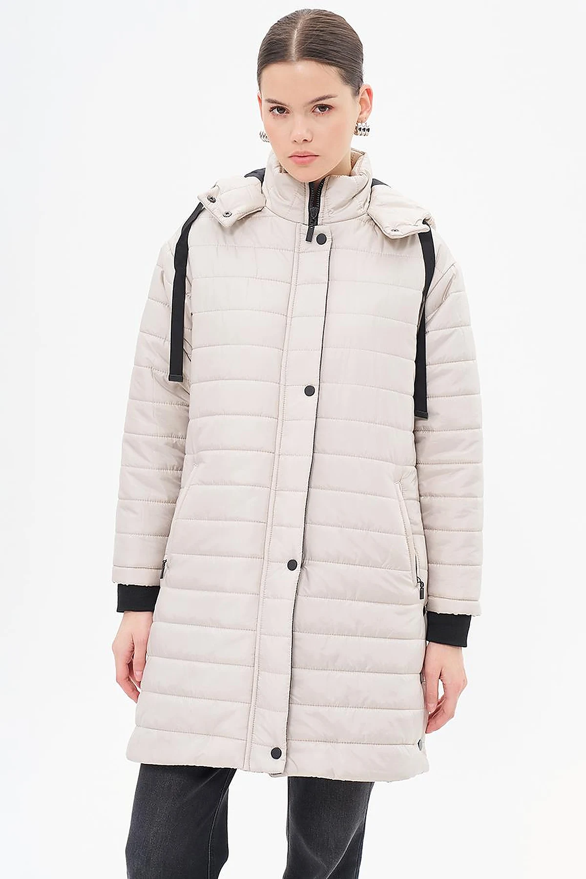 High Collar Hooded Anorak Coat Stone