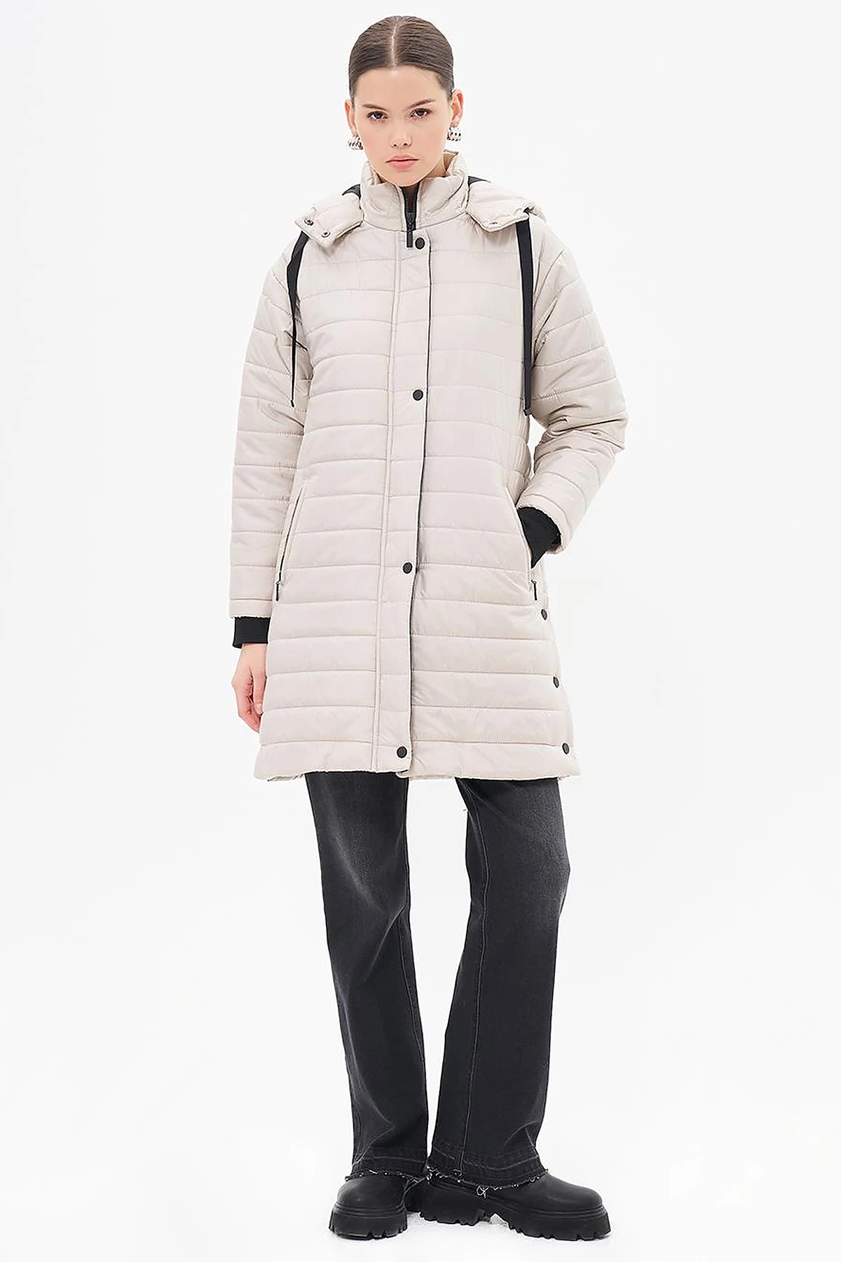 High Collar Hooded Anorak Coat Stone