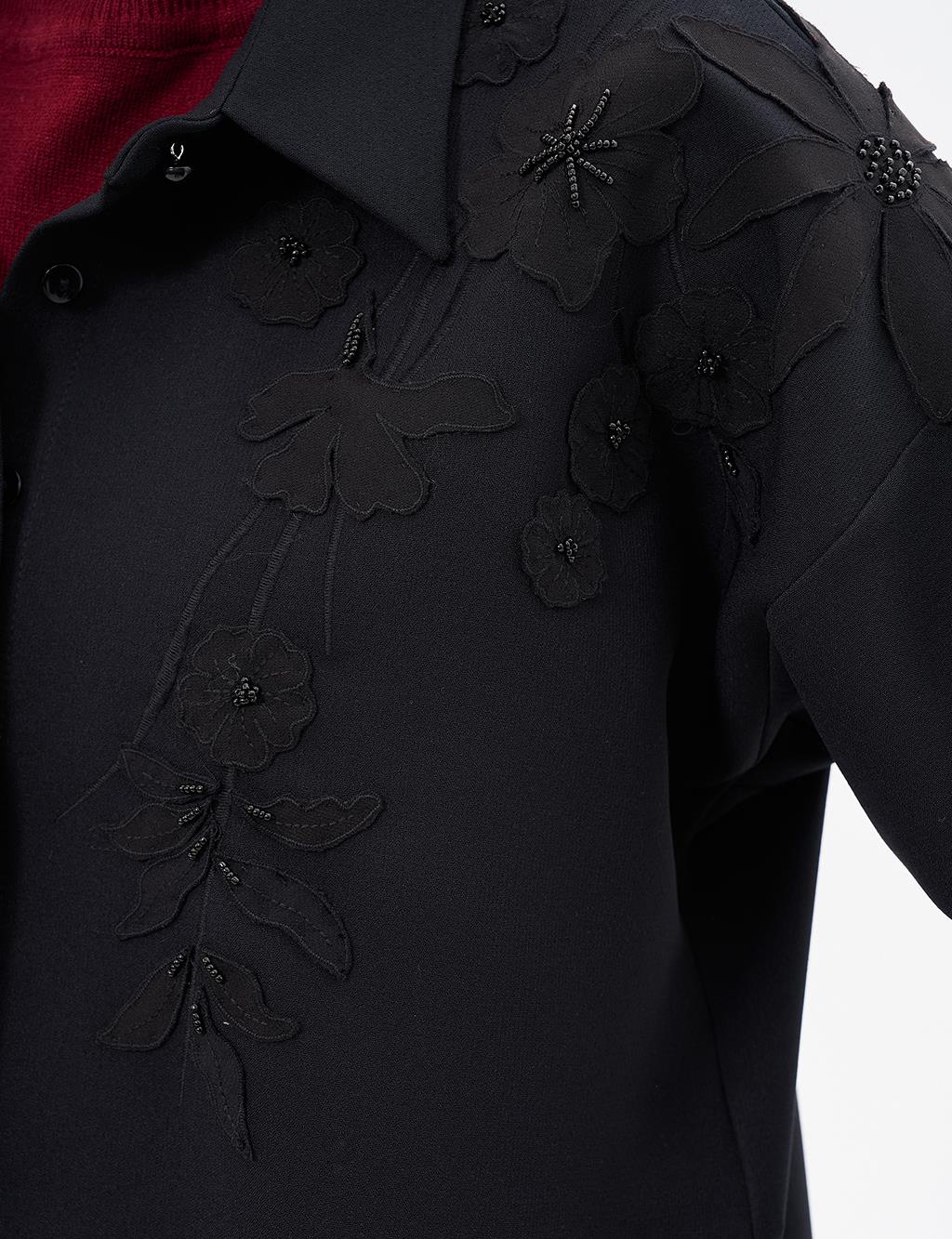 Embroidery Appliqued Shirt Collar Tunic Black