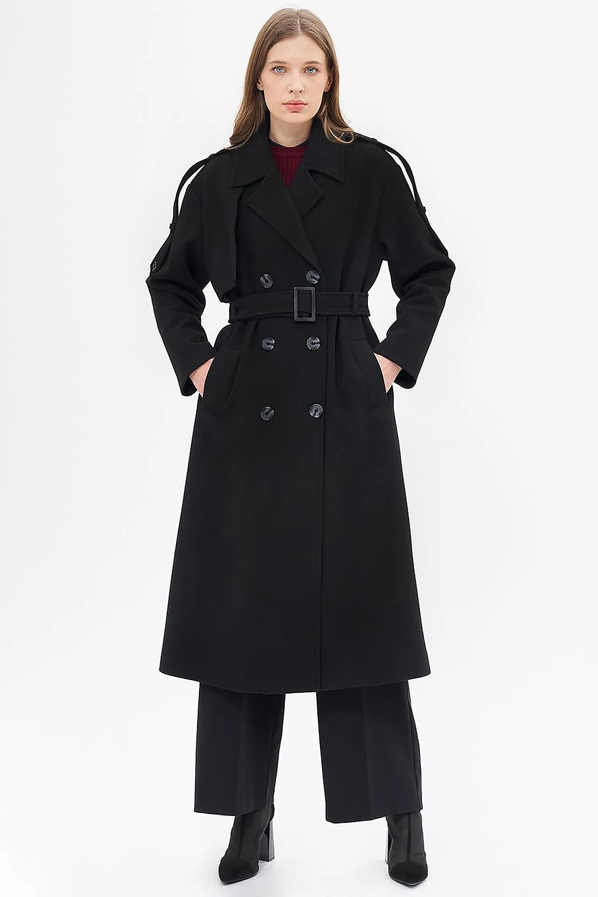 Men's Collar Buckle Wool Coat Black
