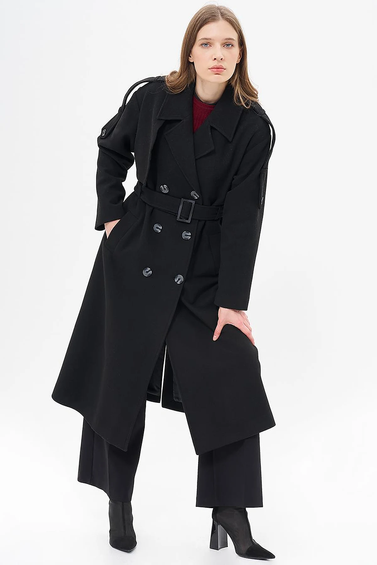 Men's Collar Buckle Wool Coat Black