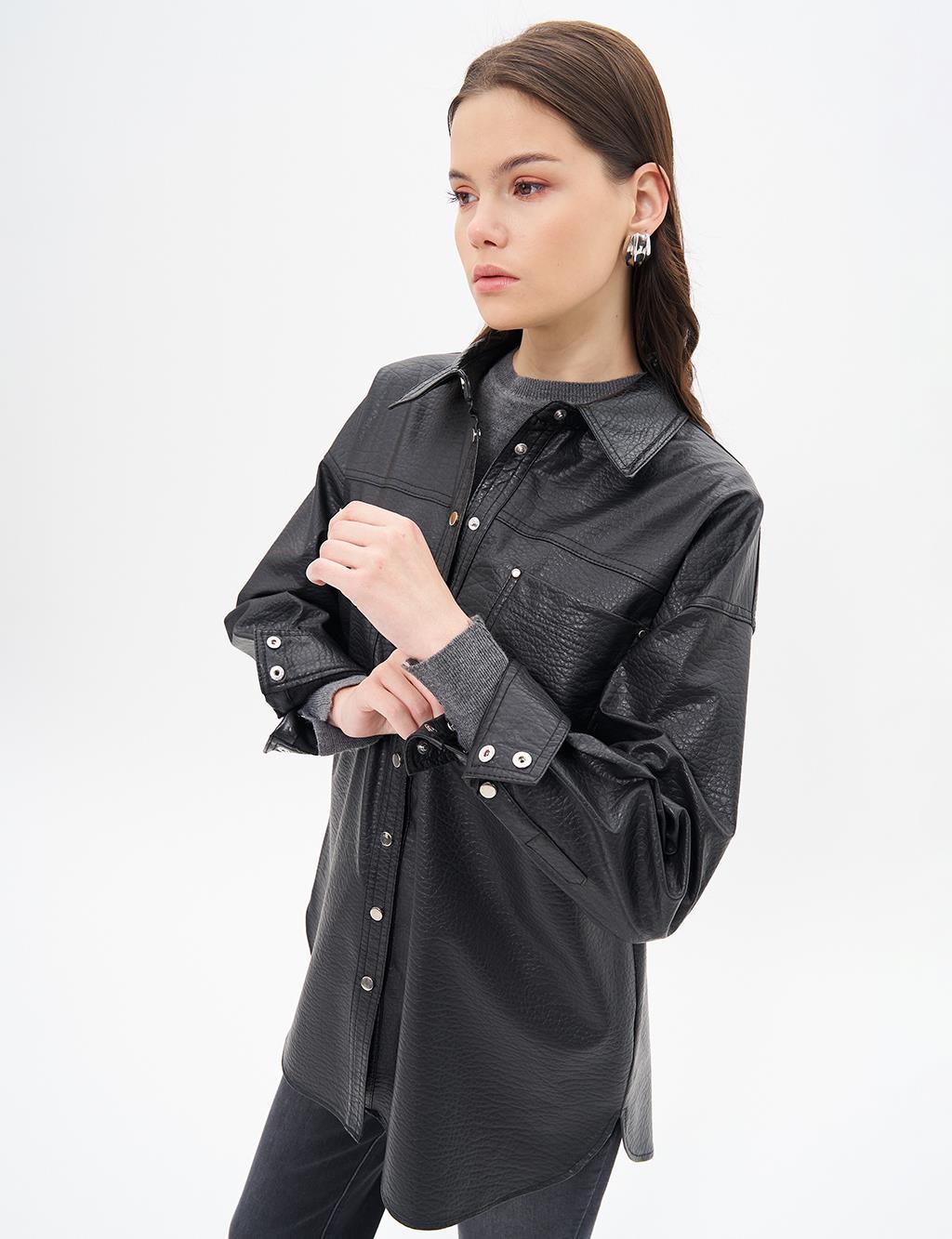 Snap Faux Leather Jacket Black