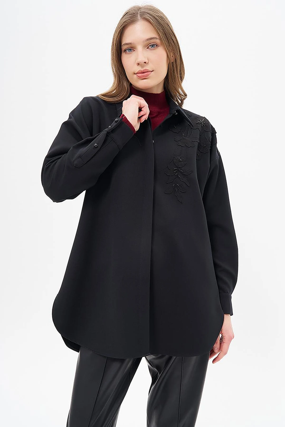 Embroidery Appliqued Shirt Collar Tunic Black