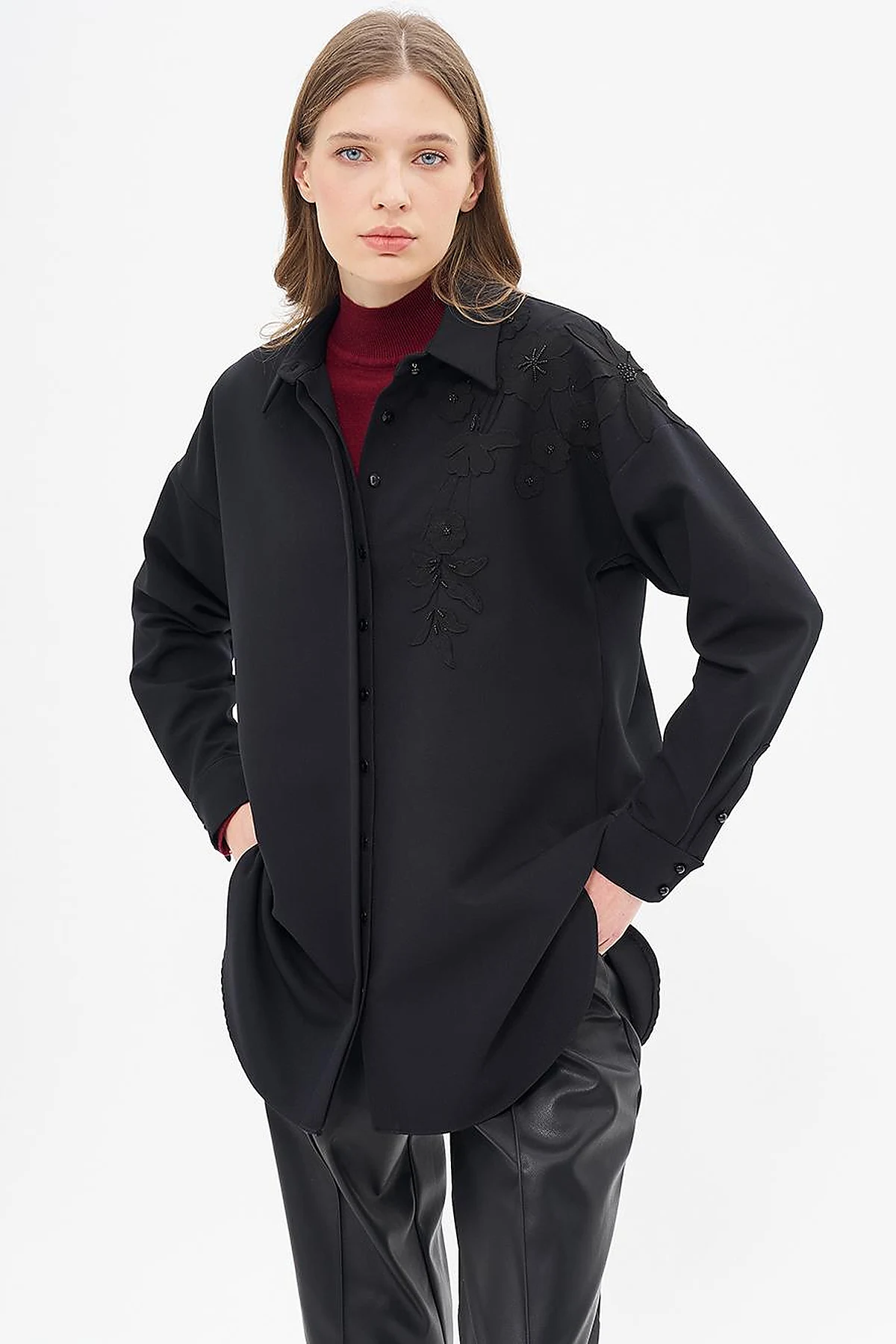 Embroidery Appliqued Shirt Collar Tunic Black