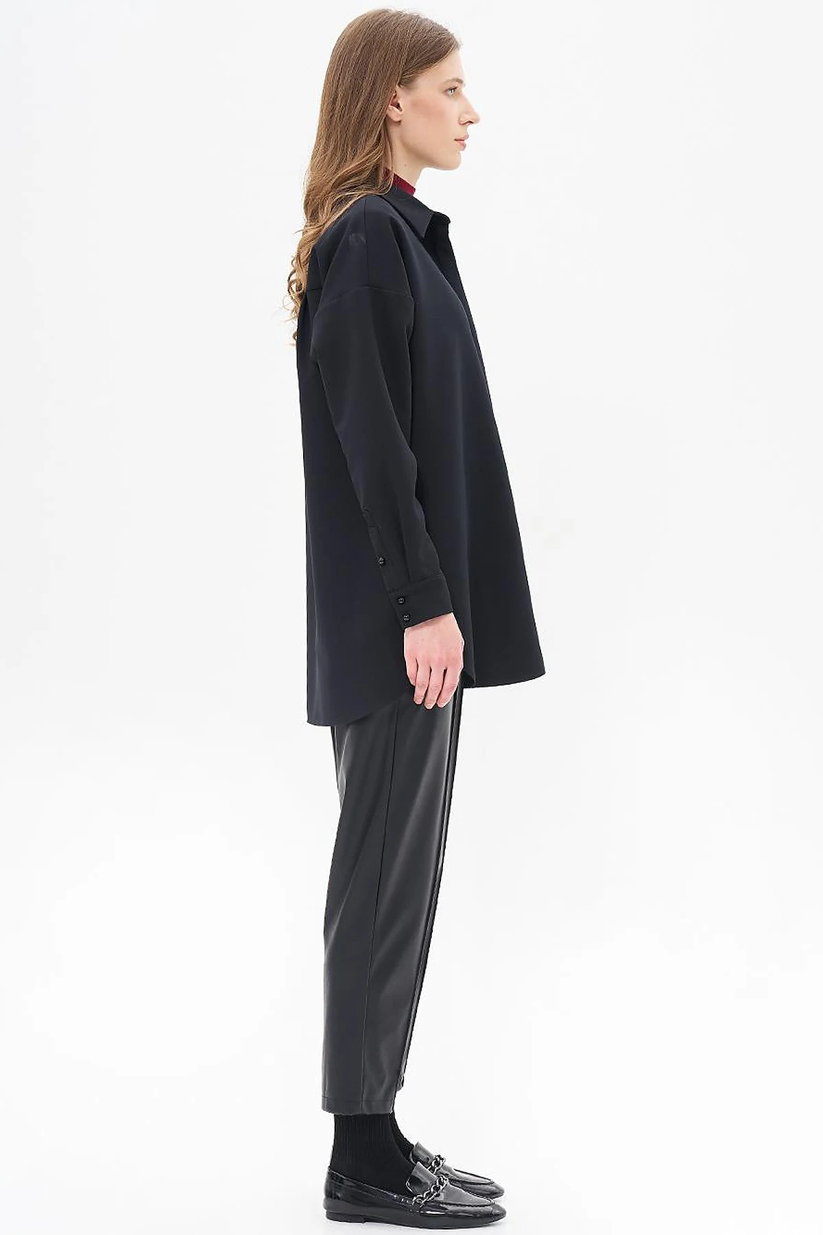 Embroidery Appliqued Shirt Collar Tunic Black