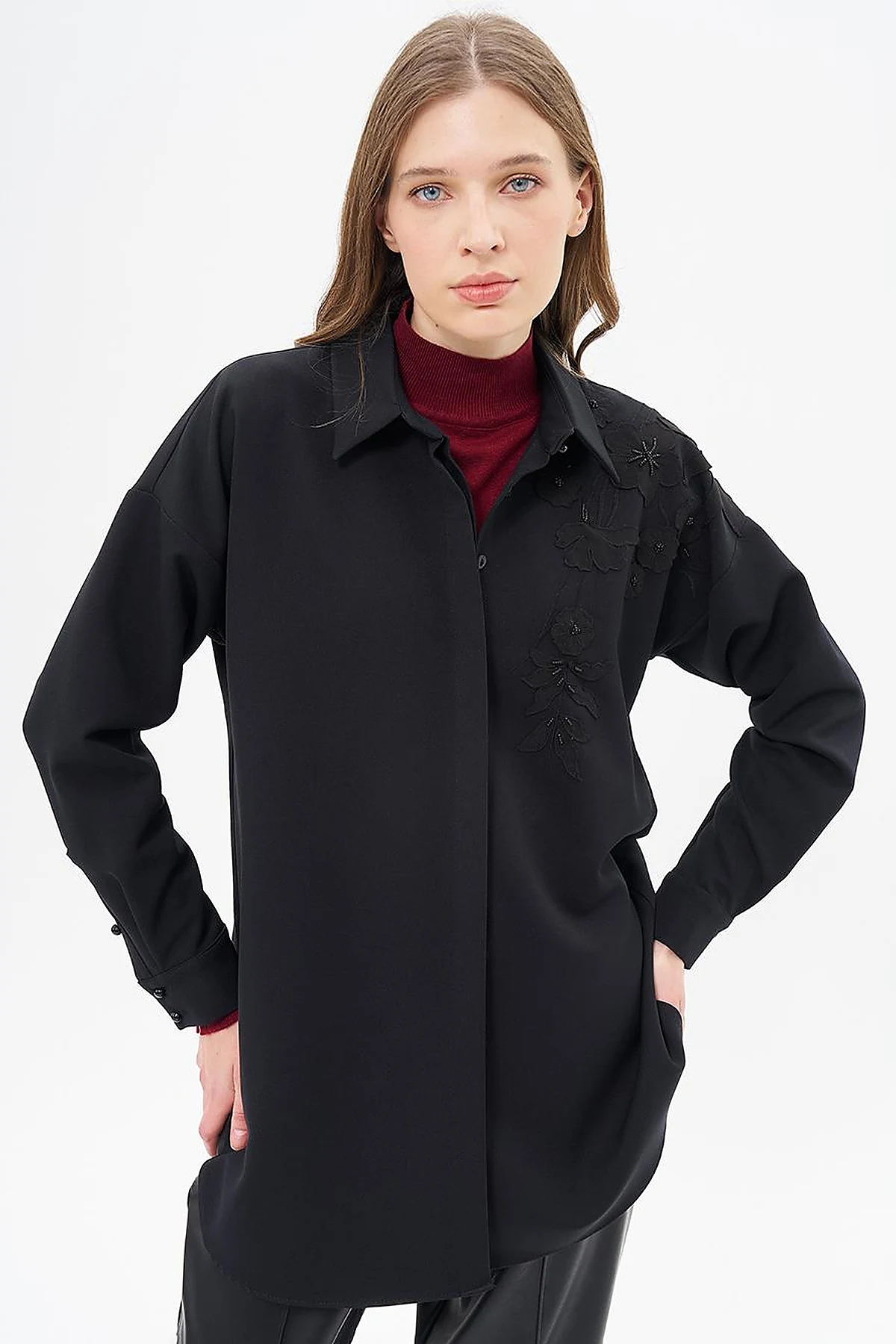 Embroidery Appliqued Shirt Collar Tunic Black