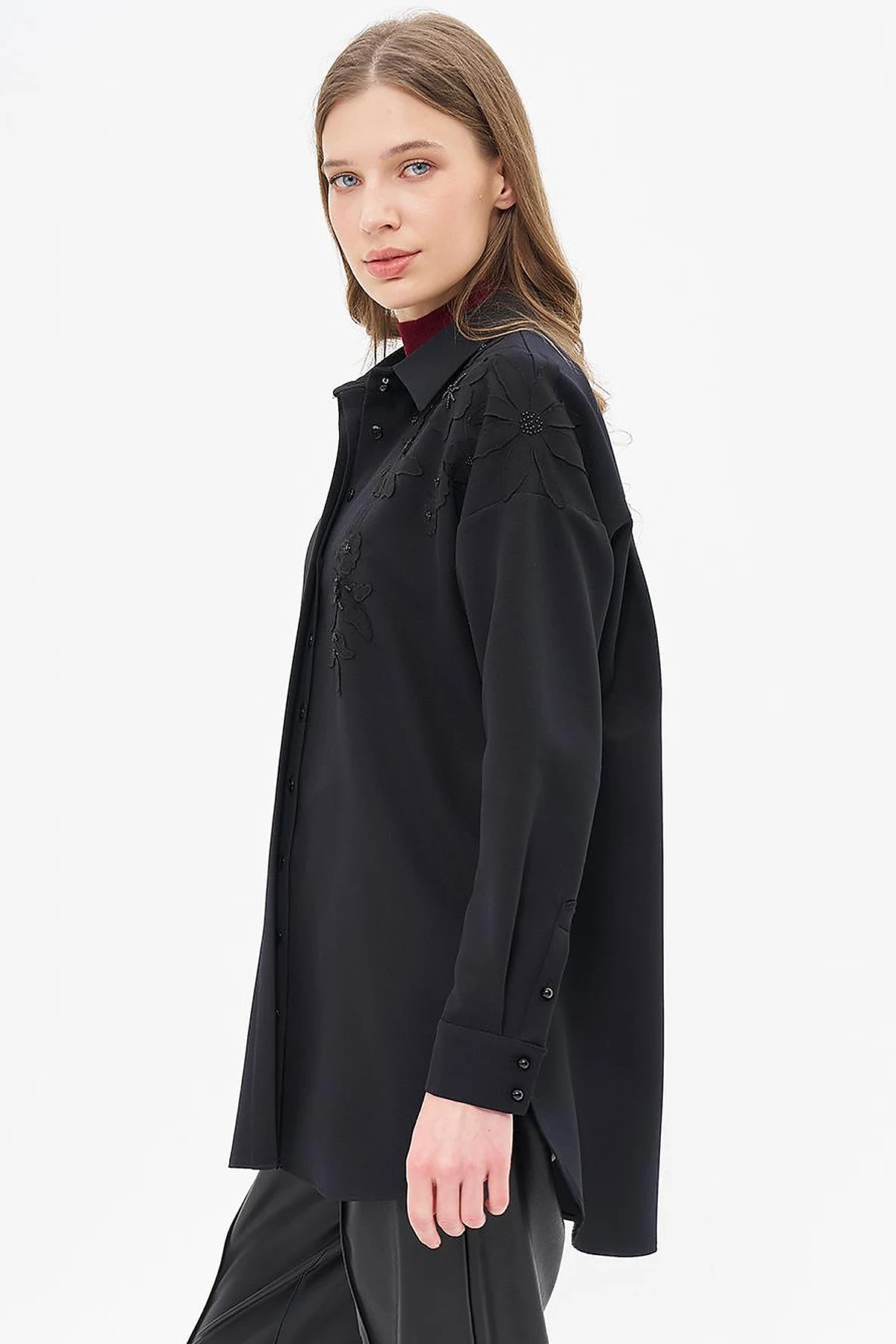 Embroidery Appliqued Shirt Collar Tunic Black