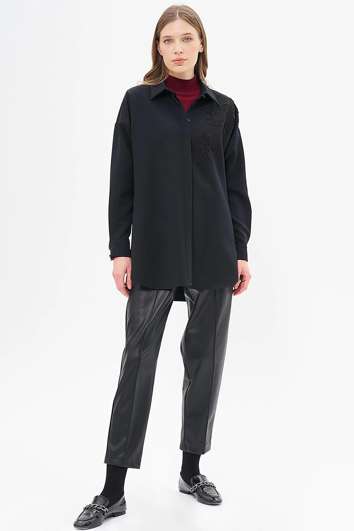 Embroidery Appliqued Shirt Collar Tunic Black