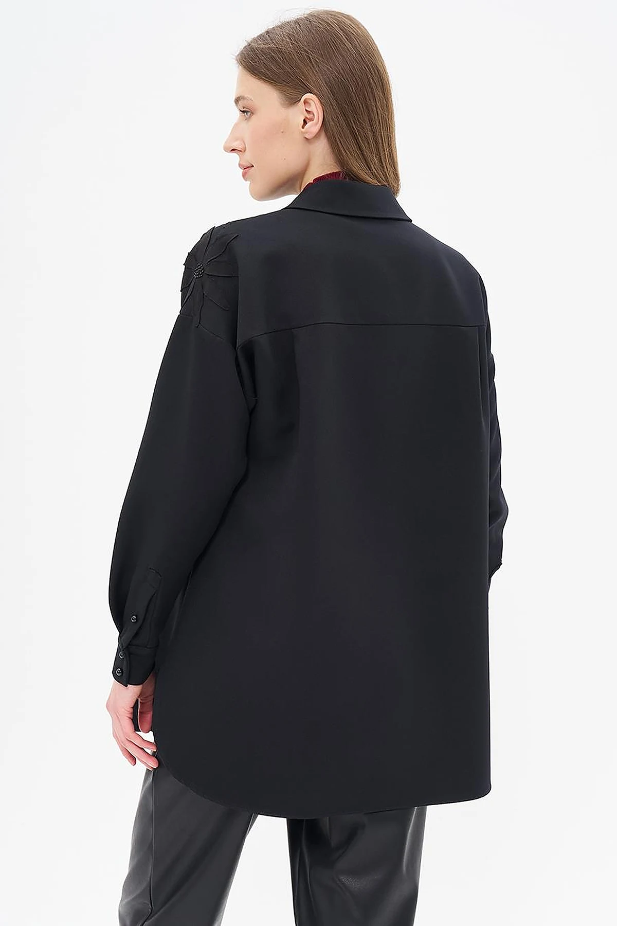 Embroidery Appliqued Shirt Collar Tunic Black