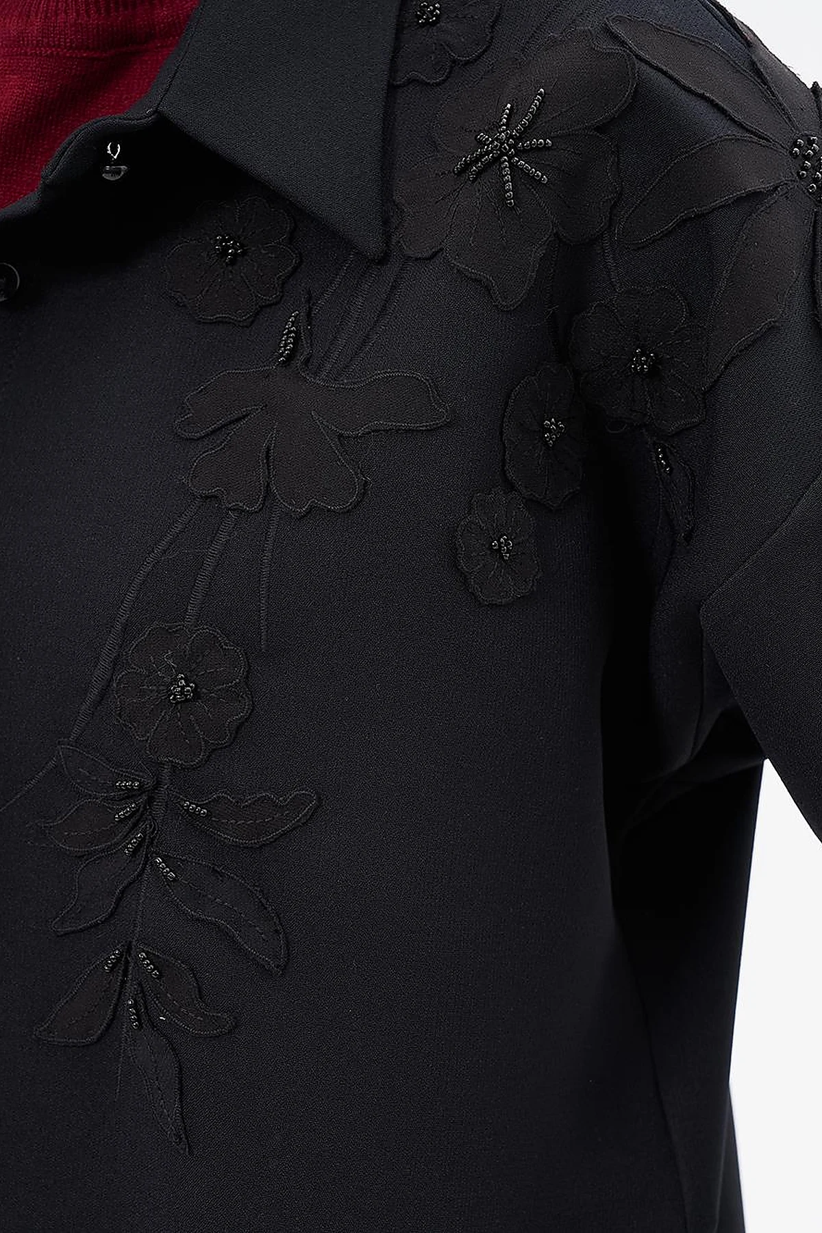 Embroidery Appliqued Shirt Collar Tunic Black