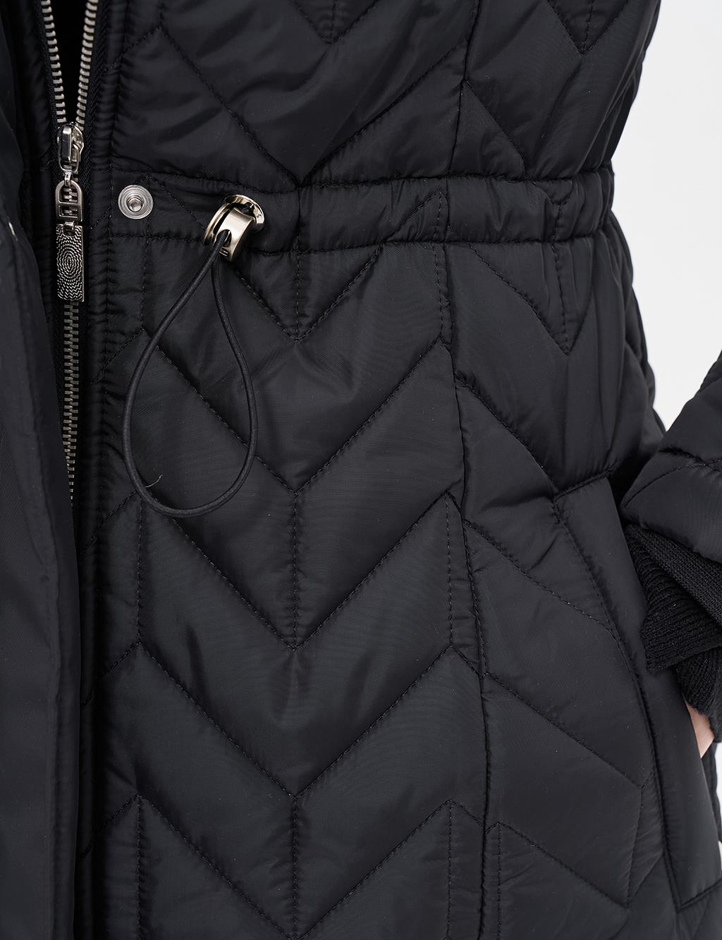 Fur Collar Quilted Coat Black