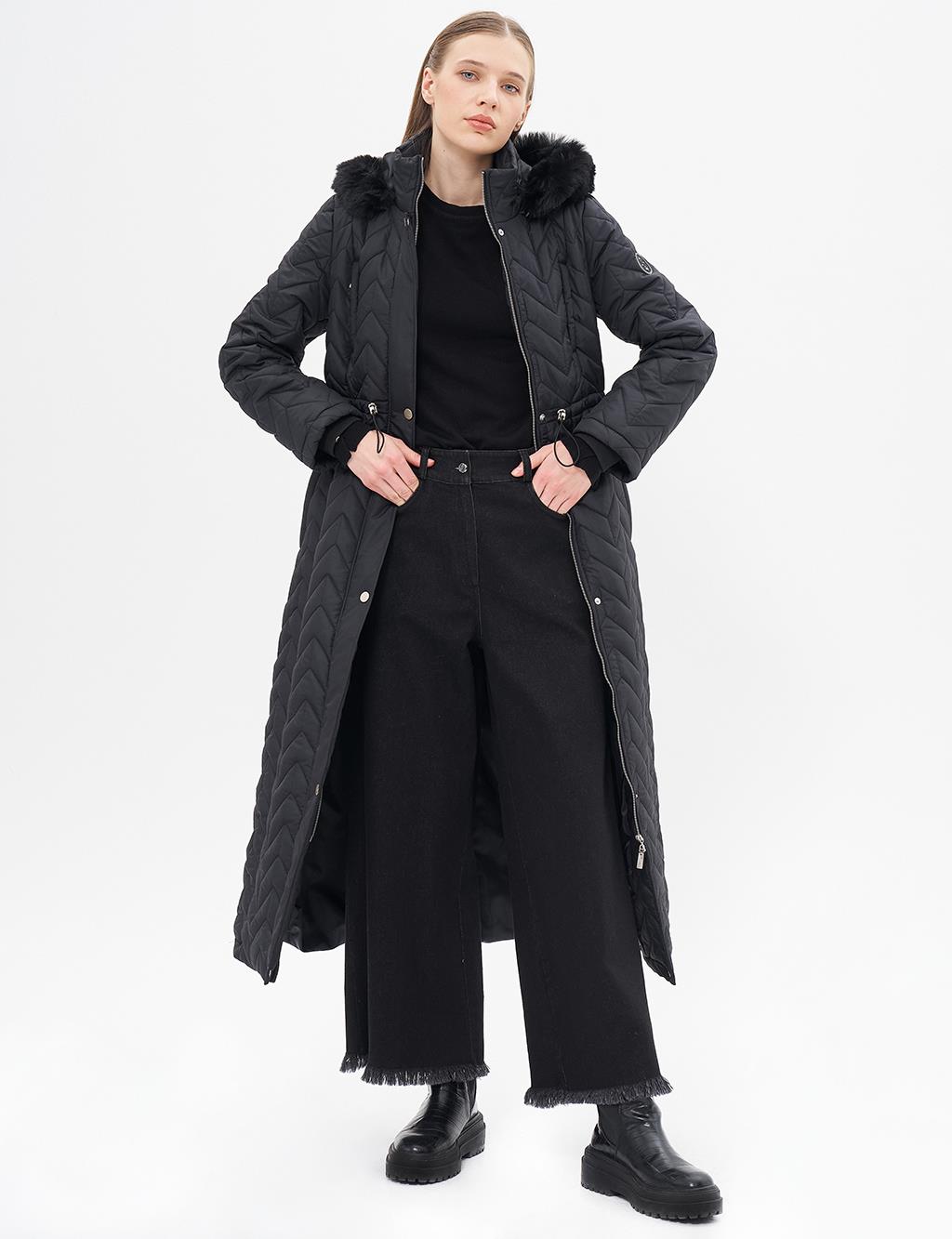 Fur Collar Quilted Coat Black