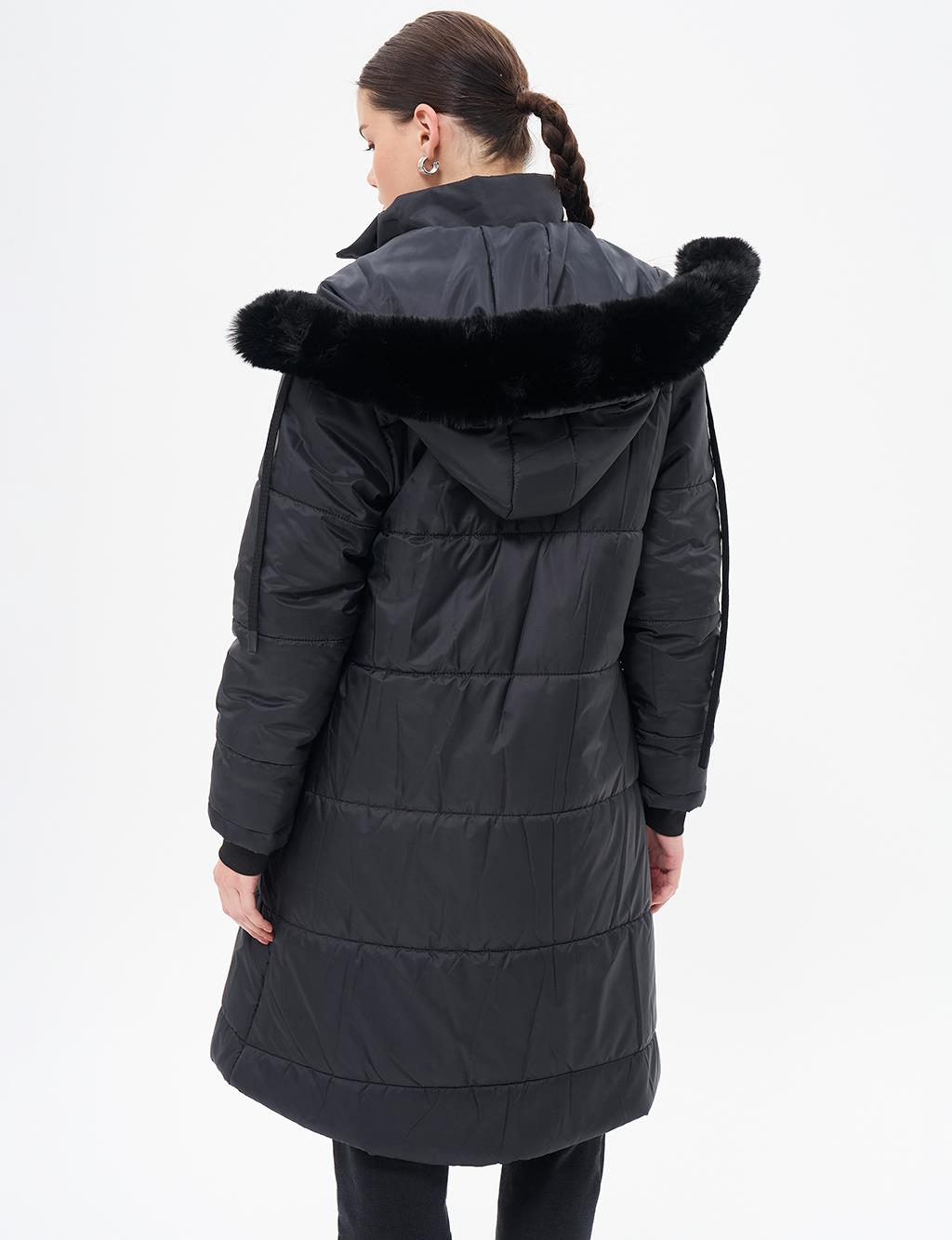 Faux Fur Detailed Quilted Coat Black