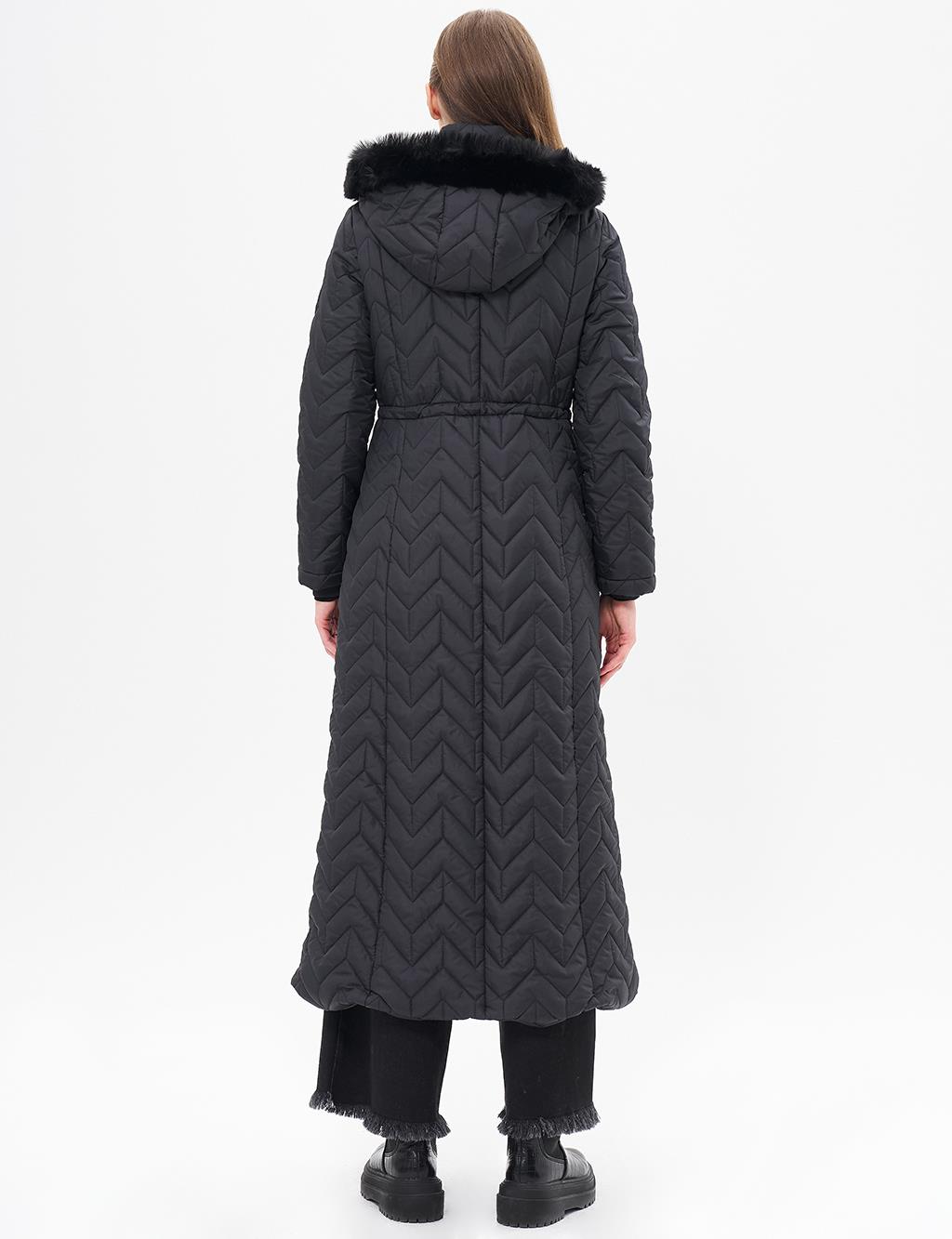 Fur Collar Quilted Coat Black