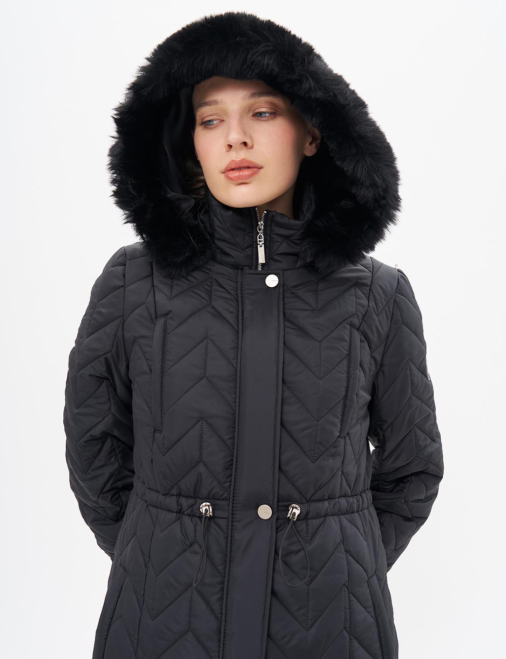 Fur Collar Quilted Coat Black