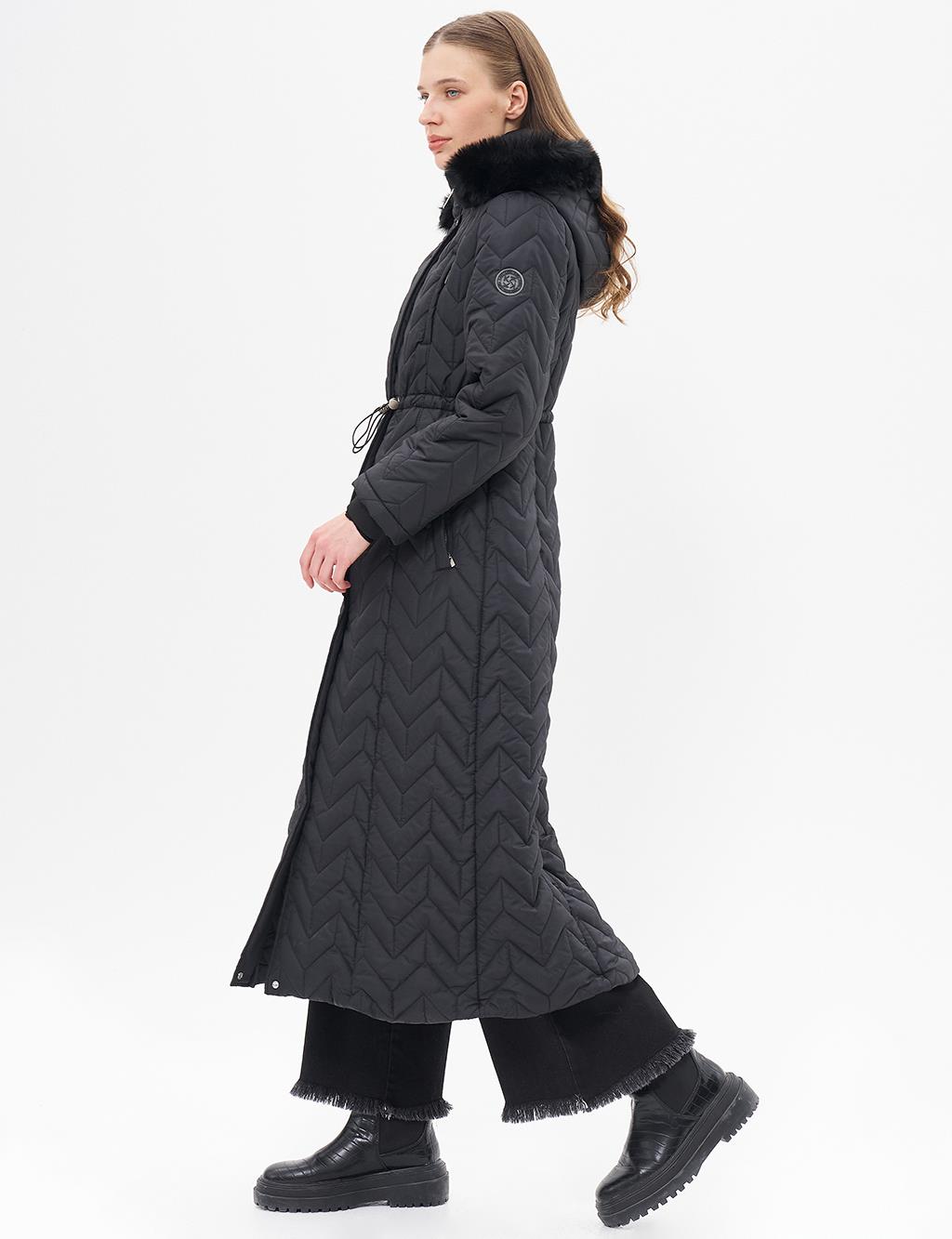 Fur Collar Quilted Coat Black