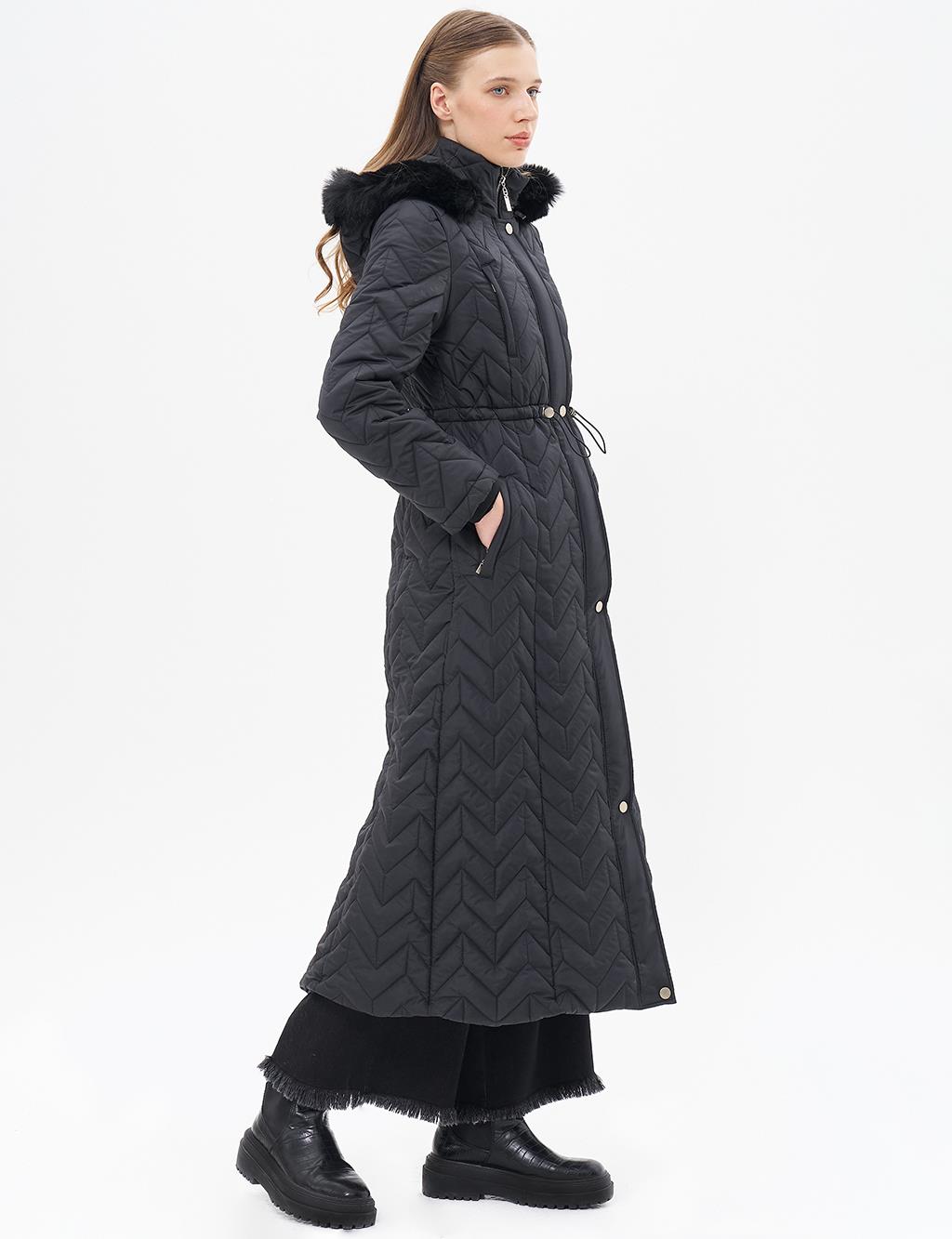 Fur Collar Quilted Coat Black