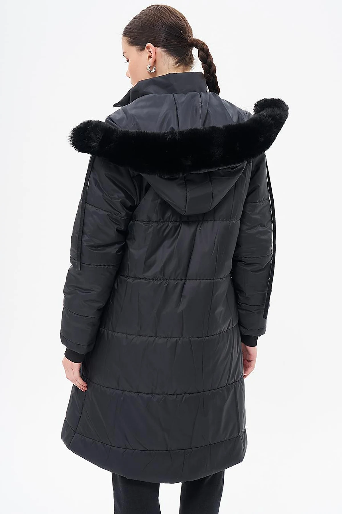 Quilted Anorak Coat with Faux Fur Detail Black