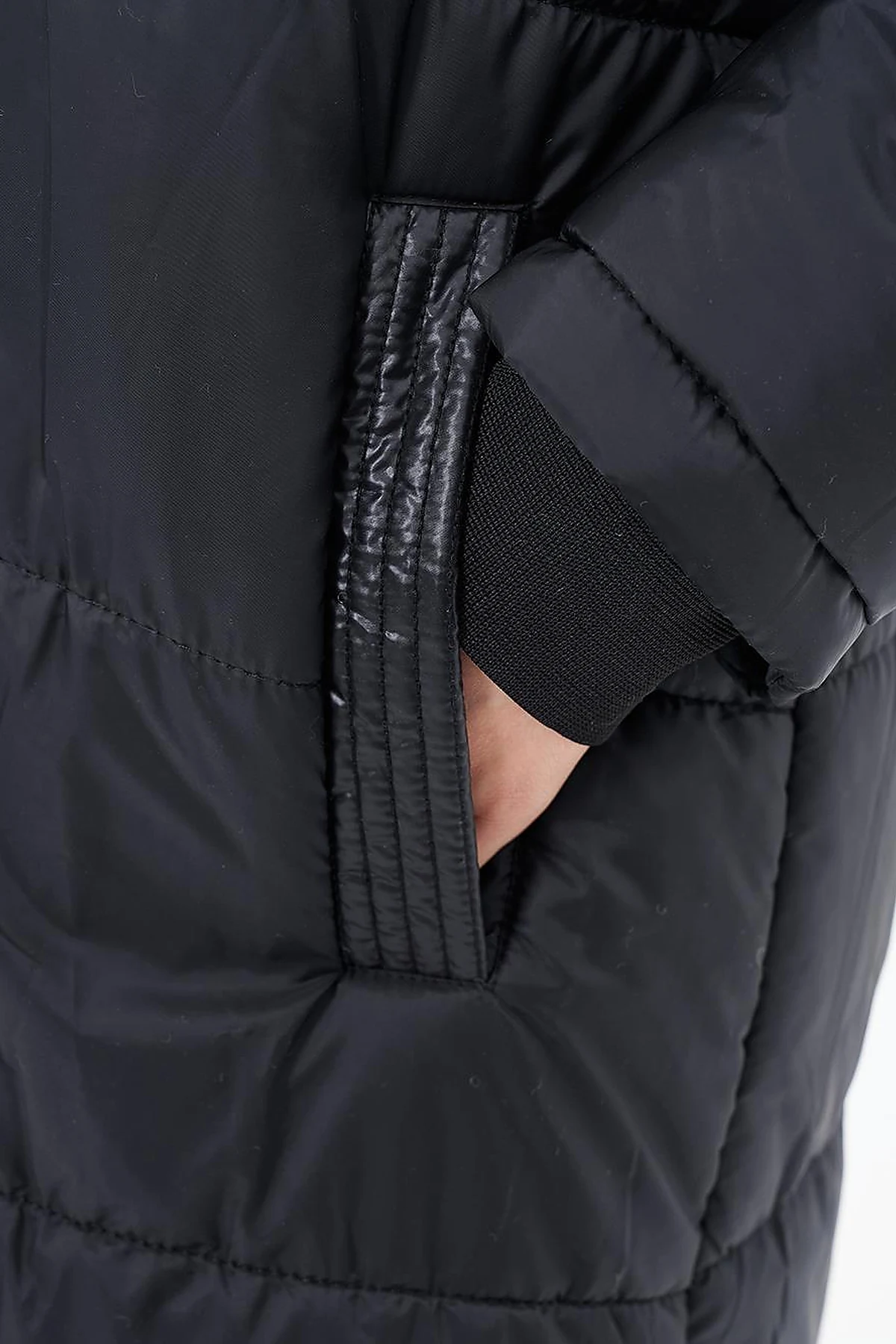 Quilted Anorak Coat with Faux Fur Detail Black